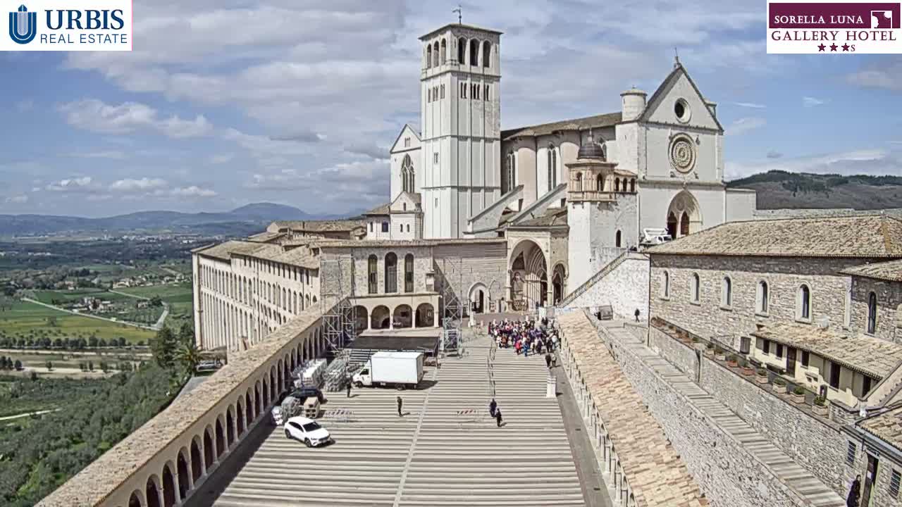 A large stone basilica and adjoining buildings are seen from above on a partly cloudy day, with a spacious plaza in the foreground containing a few people and vehicles.