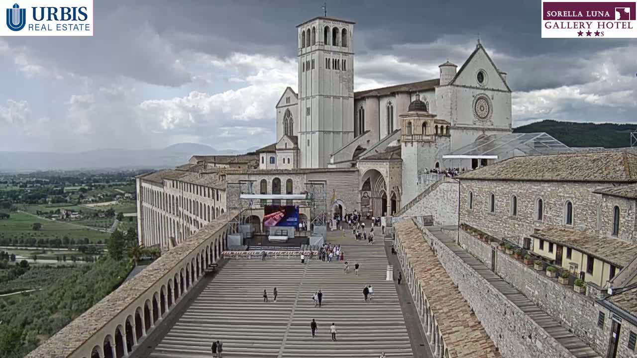 A large stone basilica and adjoining buildings are viewed from above on a partly cloudy day, with a wide plaza in the foreground containing a few people.