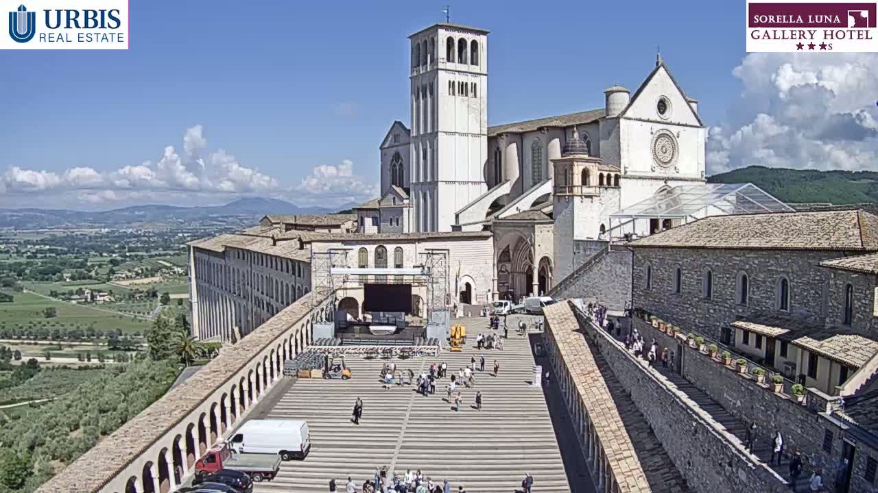 A large stone basilica and surrounding buildings are viewed from above on a partly cloudy day, with a square in the foreground containing several people and some vehicles.