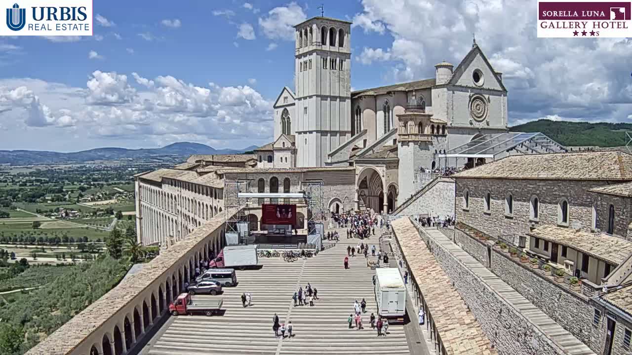 A large stone basilica and surrounding buildings are viewed from above on a partly cloudy day, with many people gathered in the plaza below.