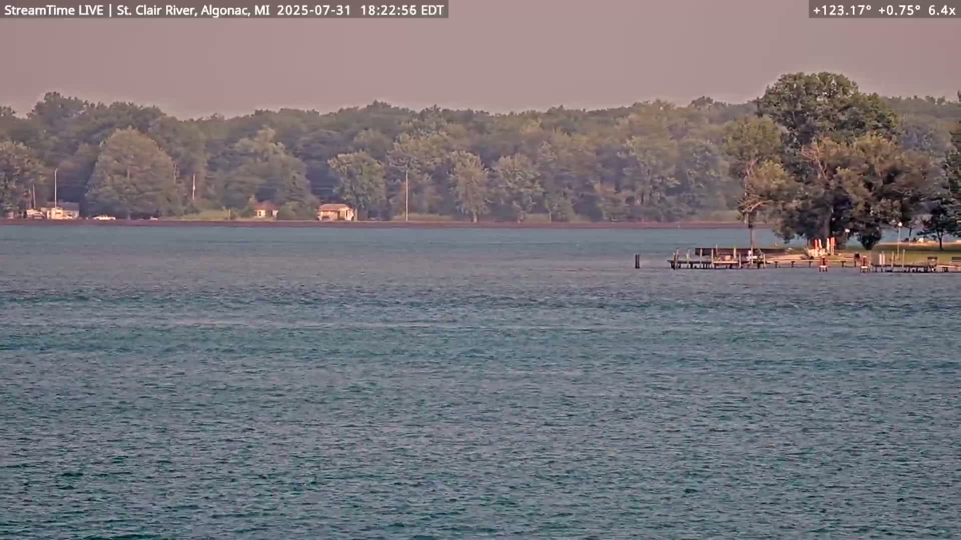 A calm body of water shows a distant tree line under a hazy sky, with a small dock visible in the foreground.