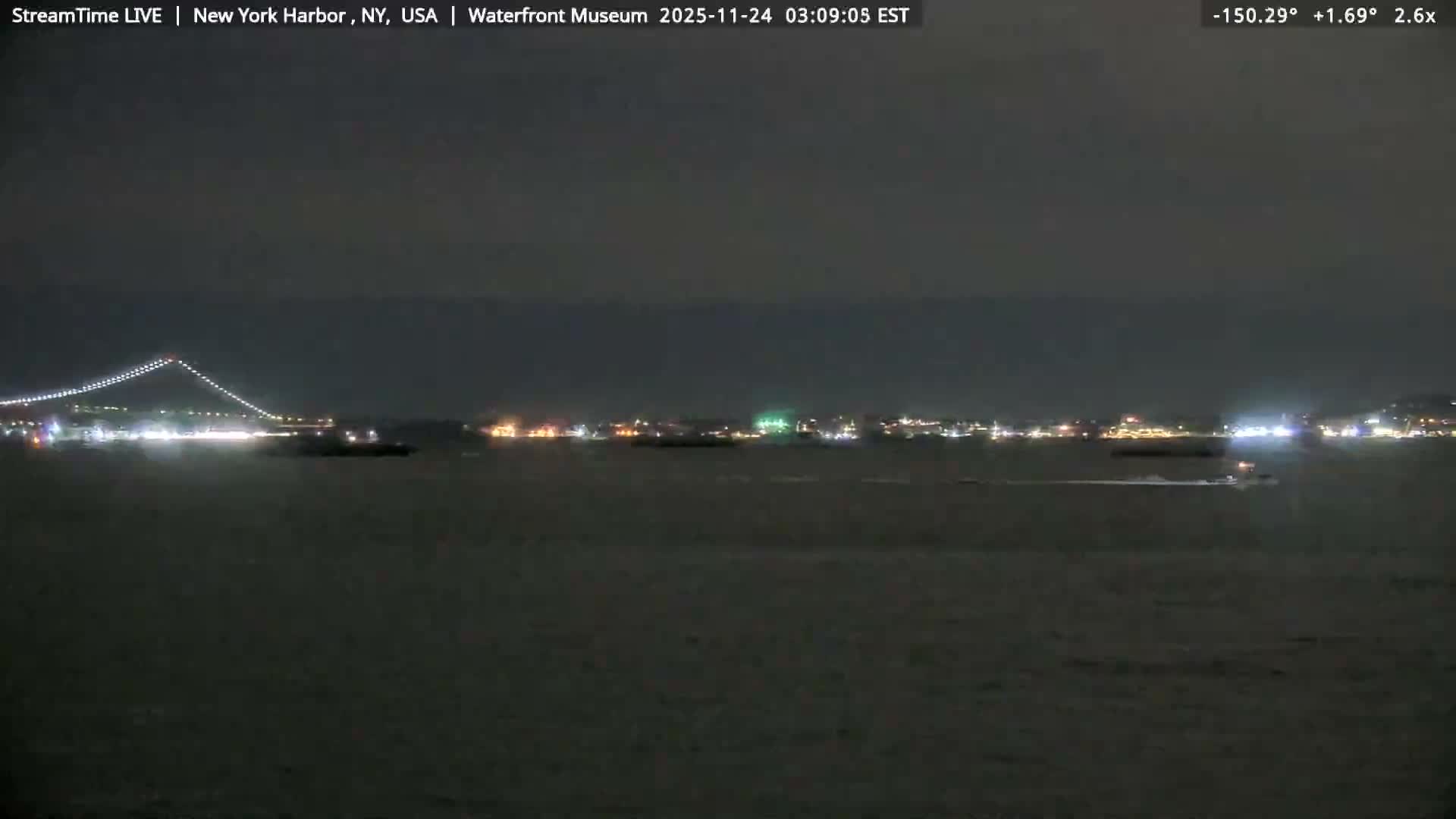 A dark, overcast night view over a large body of water shows a lit-up suspension bridge to the left, a distant city skyline with numerous lights along the horizon, and several vessels navigating the water.