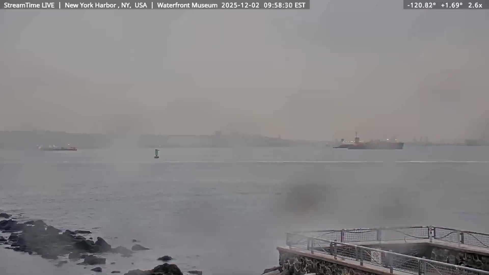 A hazy and overcast day over a harbor features a large body of water with distant ships and a green buoy, seen from a rocky shoreline with a stone and metal railing in the foreground.