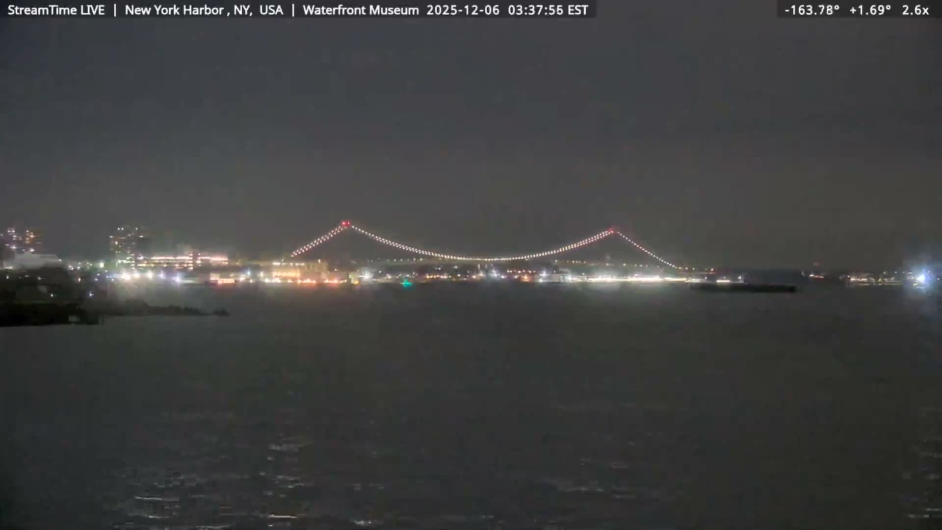 A wide view captures a brightly lit suspension bridge spanning a body of water at night, with city lights twinkling along the distant shores under an overcast sky.