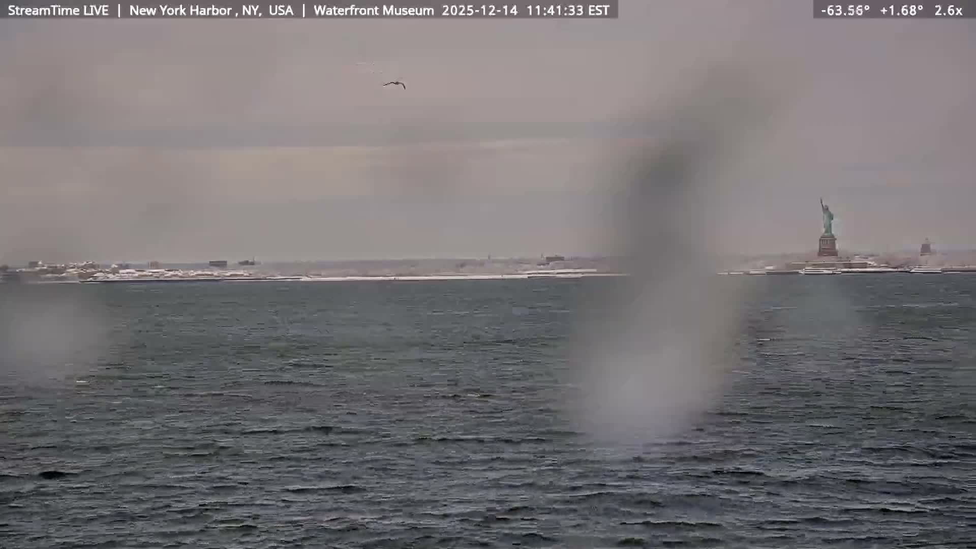 A dark, misty night scene over a harbor features distant city lights and a brightly illuminated structure on the right, with reflections shimmering on the water.