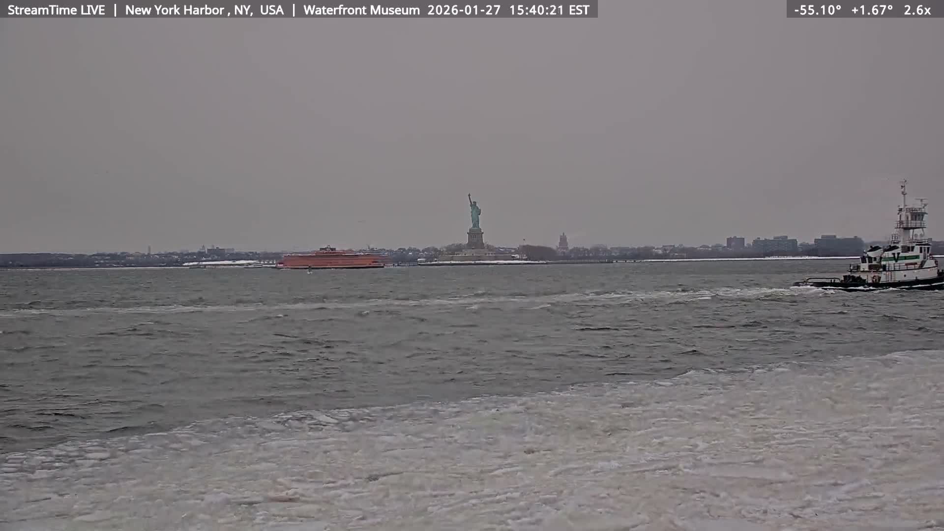 New York City Silhouette& Statue of Liberty View  from New York Bay Live Cam - Brooklyn, New York City, New York, USA