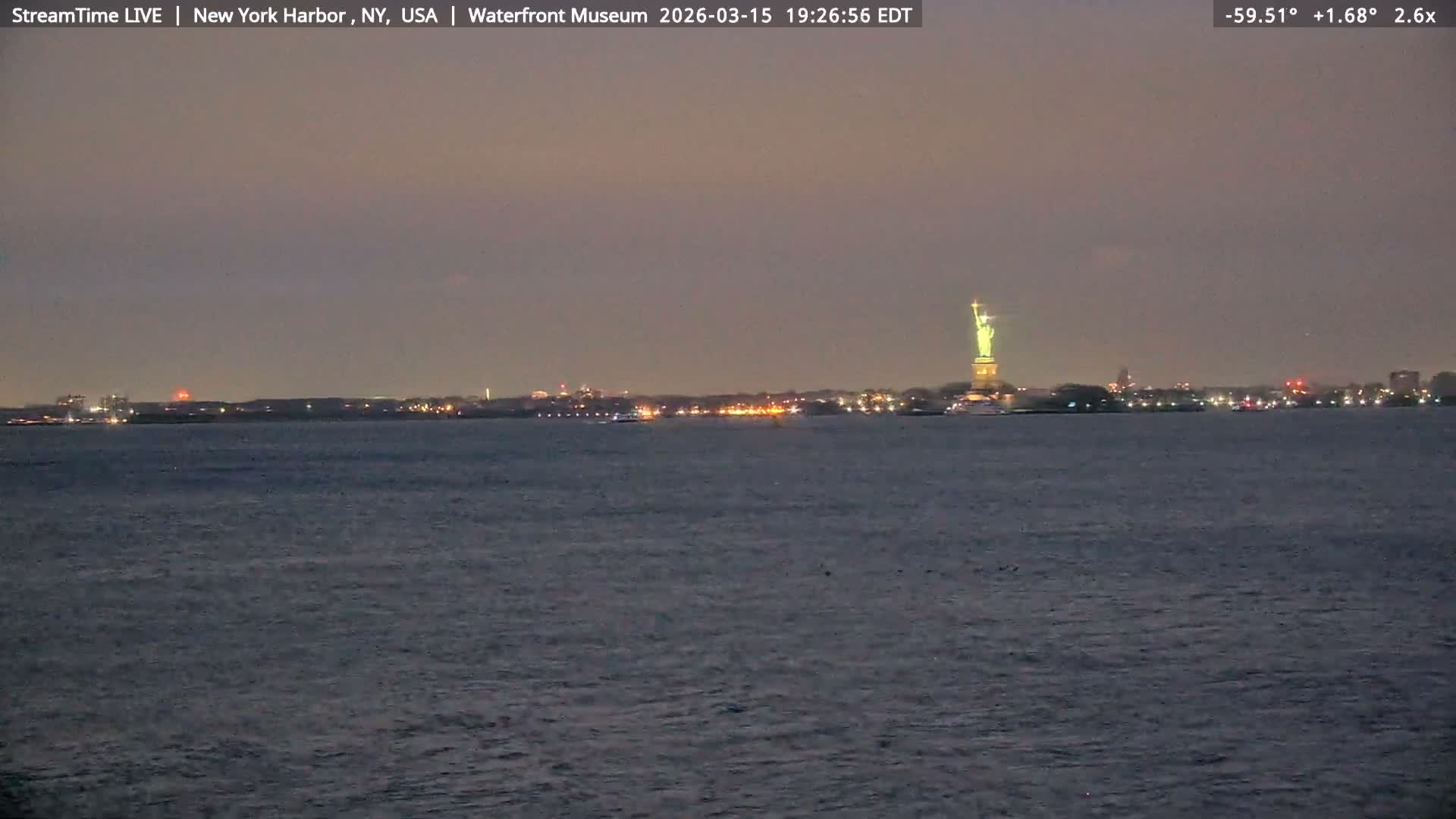 New York City Silhouette& Statue of Liberty View  from New York Bay Live Cam - Brooklyn, New York City, New York, USA