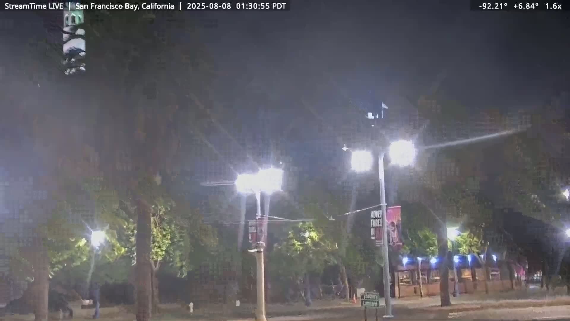 A nighttime scene shows a street with bright streetlights illuminating trees and a building under hazy conditions.