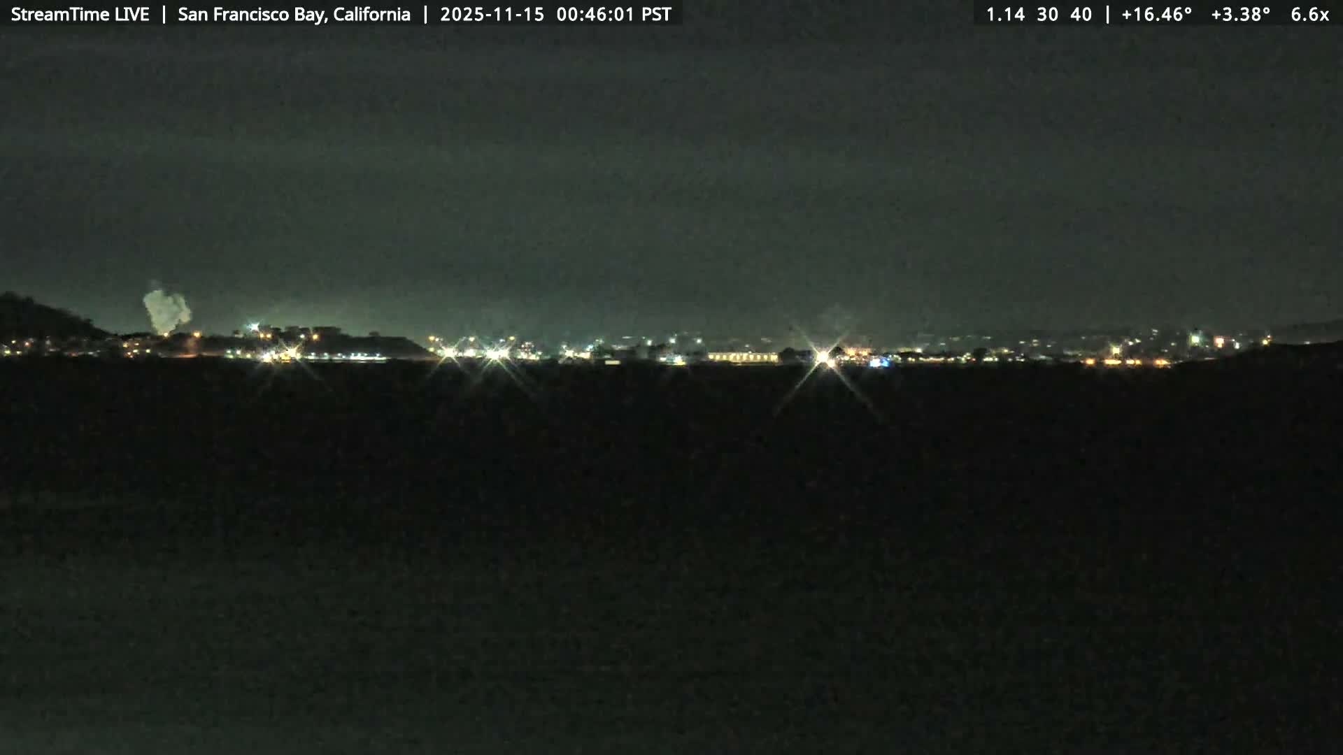 An overcast night scene captures a distant city skyline brightly lit against a dark sky, with a visible plume of smoke or steam rising on the left.