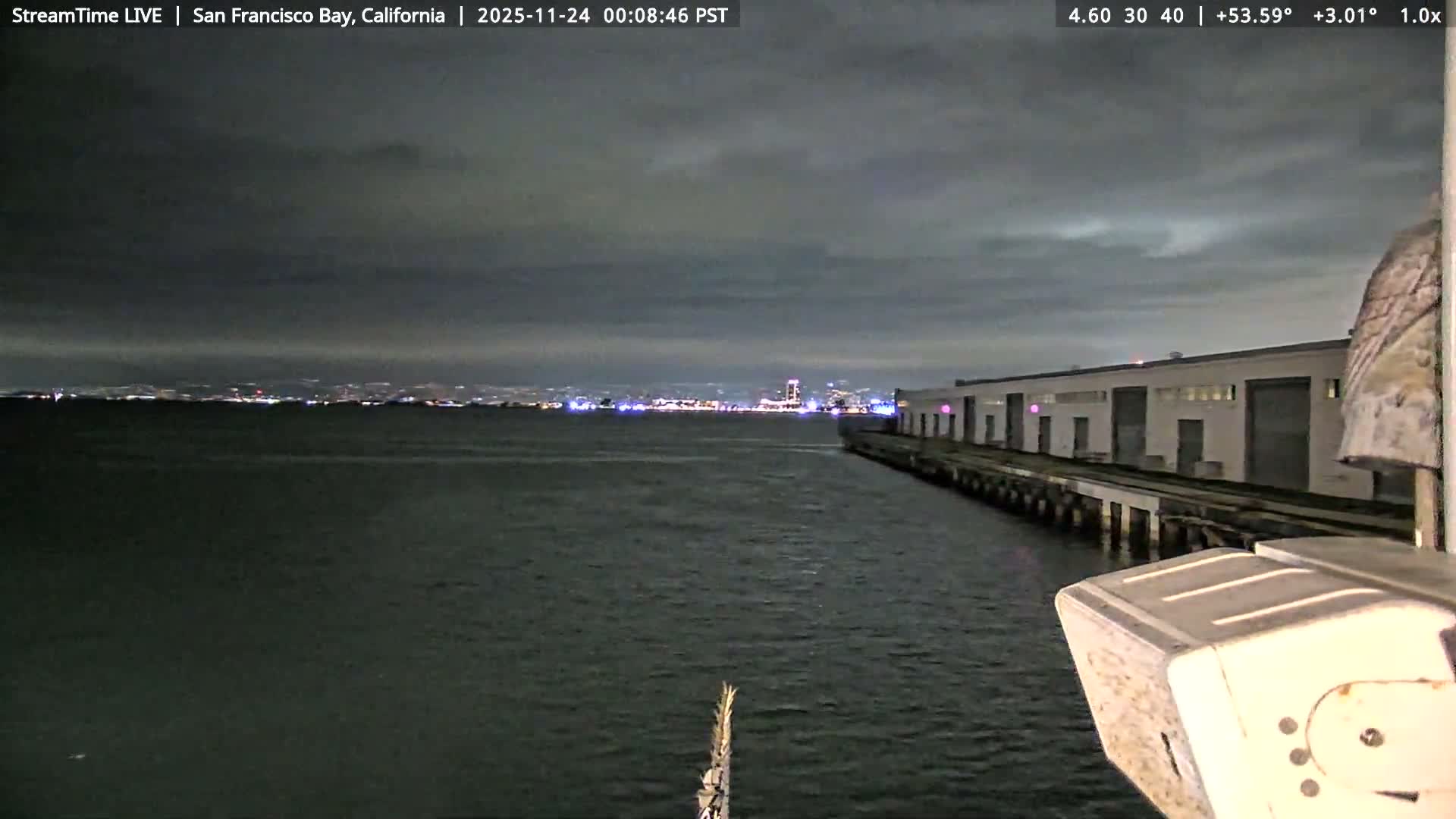 A dark and overcast night view over a body of water shows a distant illuminated city skyline across the bay, with a long pier building visible along the right edge.