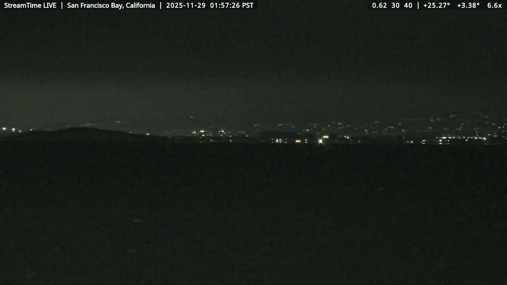 A dark night scene reveals distant city lights scattered across a silhouetted landscape, under a seemingly clear, dark sky.