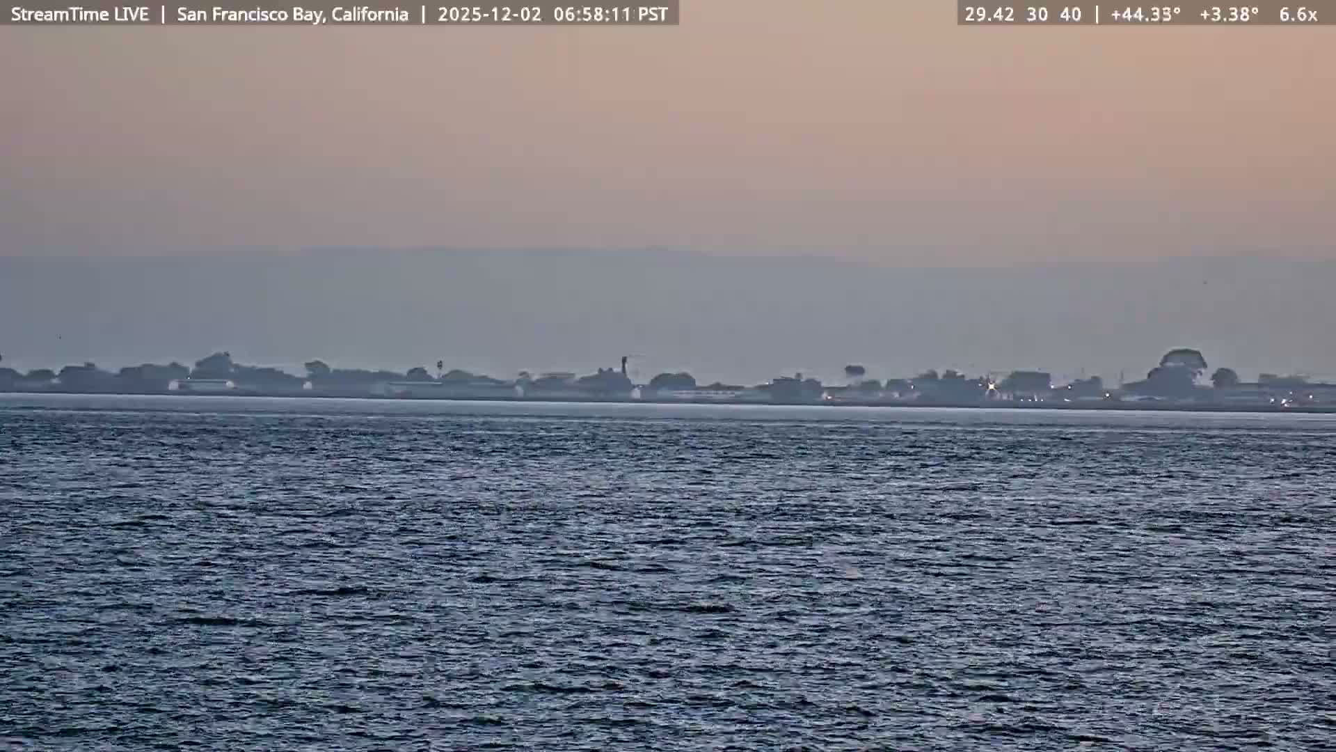 A hazy, early morning view over rippling dark water reveals a distant, low-lying urban landscape with faint lights beneath a pale, overcast sky.
