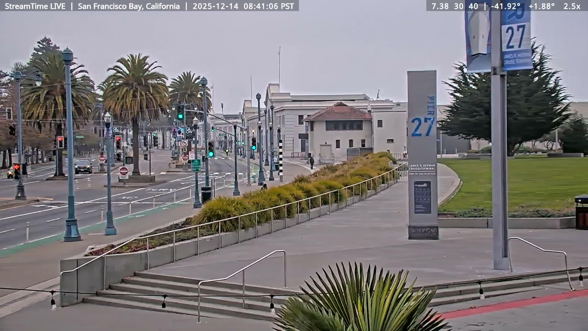 A brightly lit urban street at night, with wet roads reflecting numerous streetlights and traffic signals, appears quiet and empty under a clear sky.