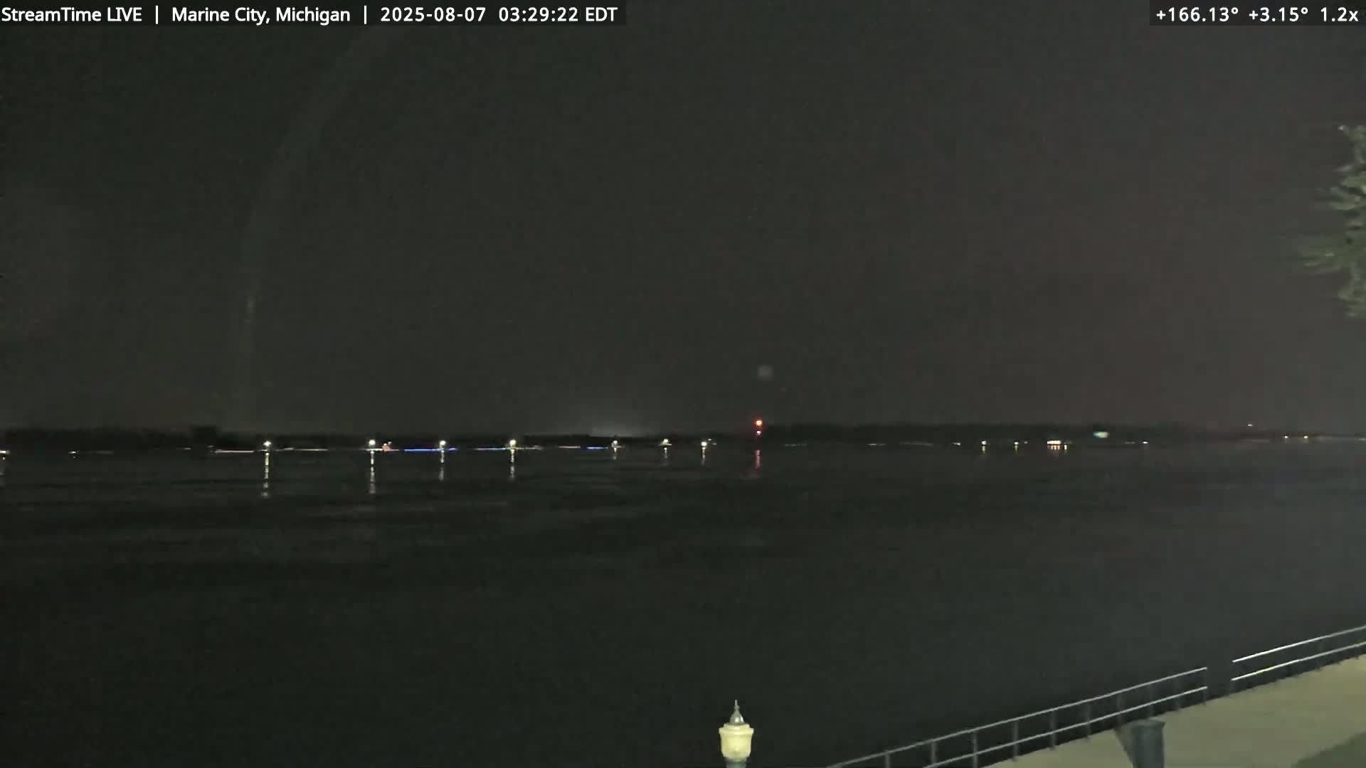 A nighttime view of a dark body of water with faintly visible lights across the far shore under a clear, dark sky.