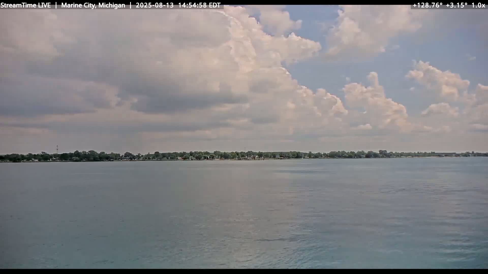 A calm body of water stretches out to a tree-lined shoreline under a partly cloudy sky.