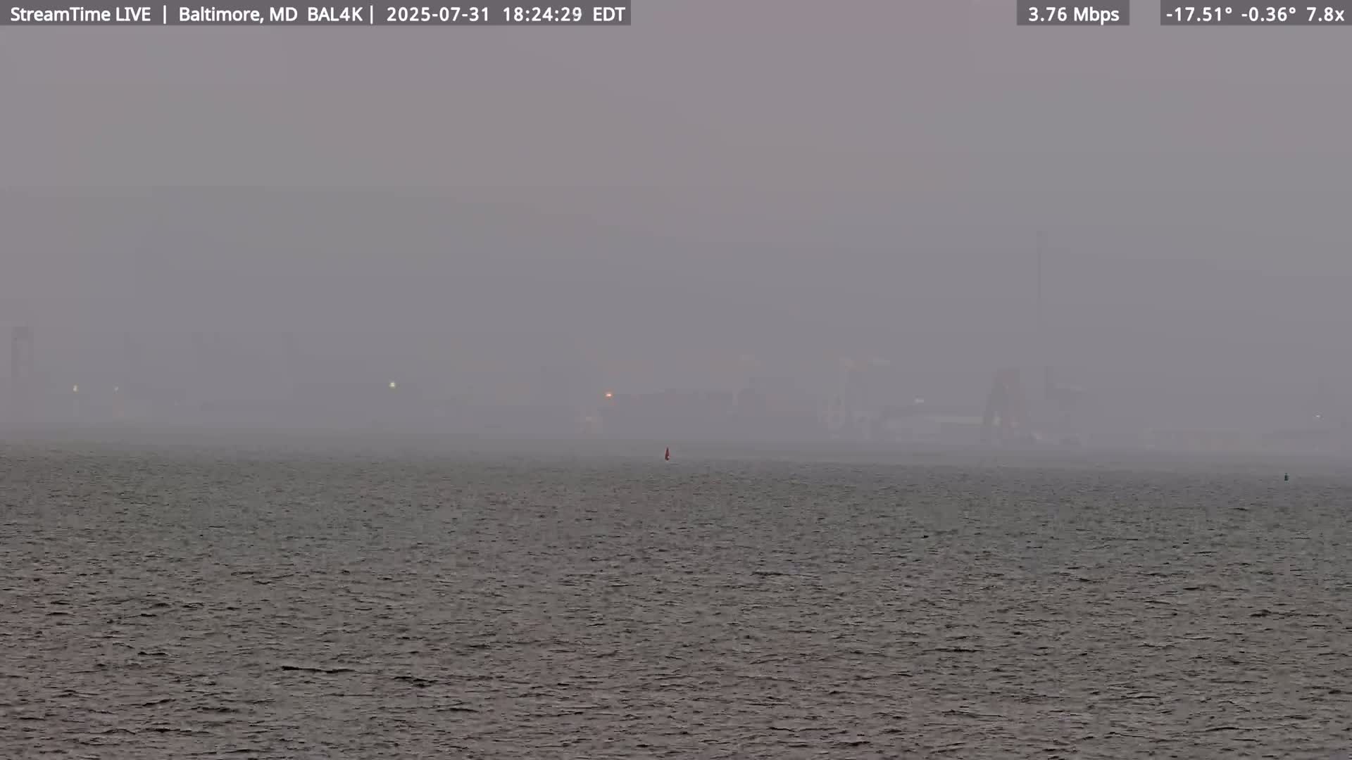 A hazy view of a calm body of water with a distant, indistinct shoreline under overcast skies.