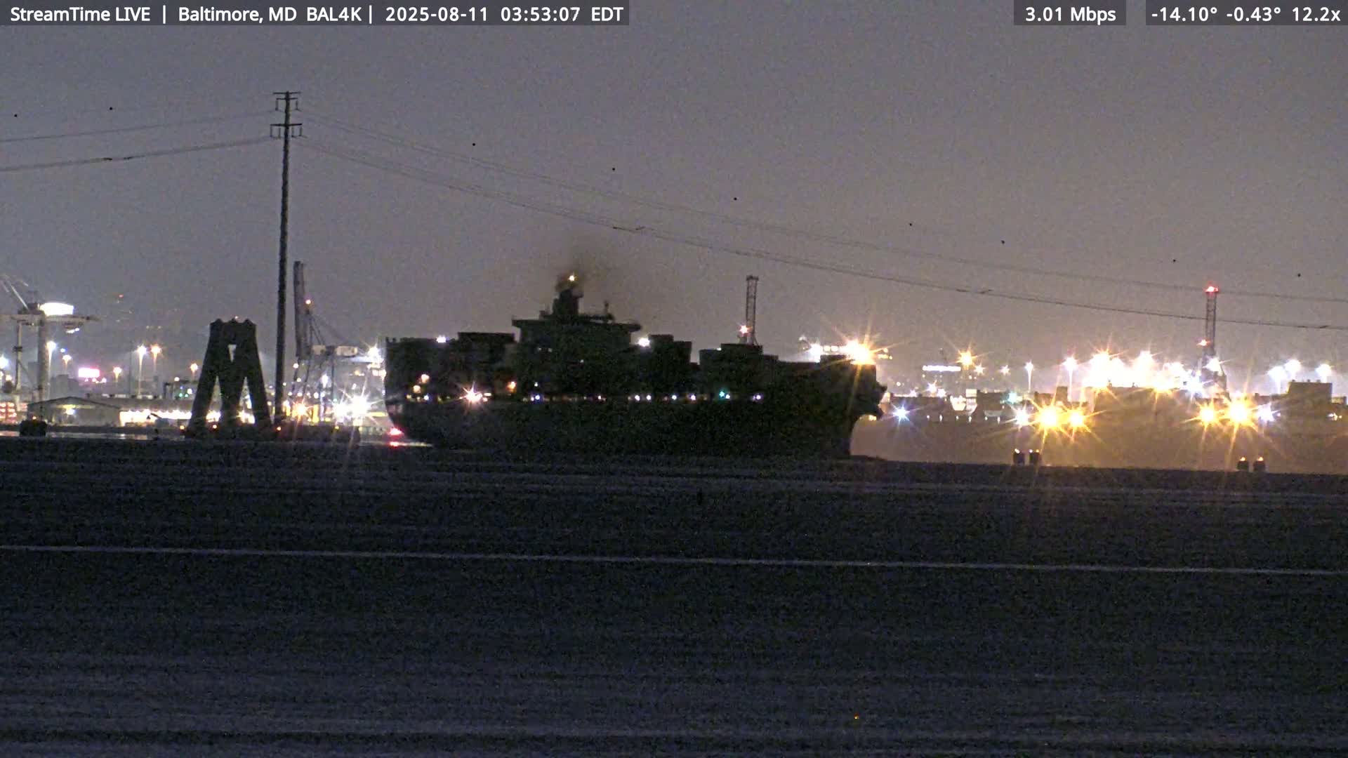 A large container ship is seen at night in a harbor, with city lights and industrial structures visible in the background.