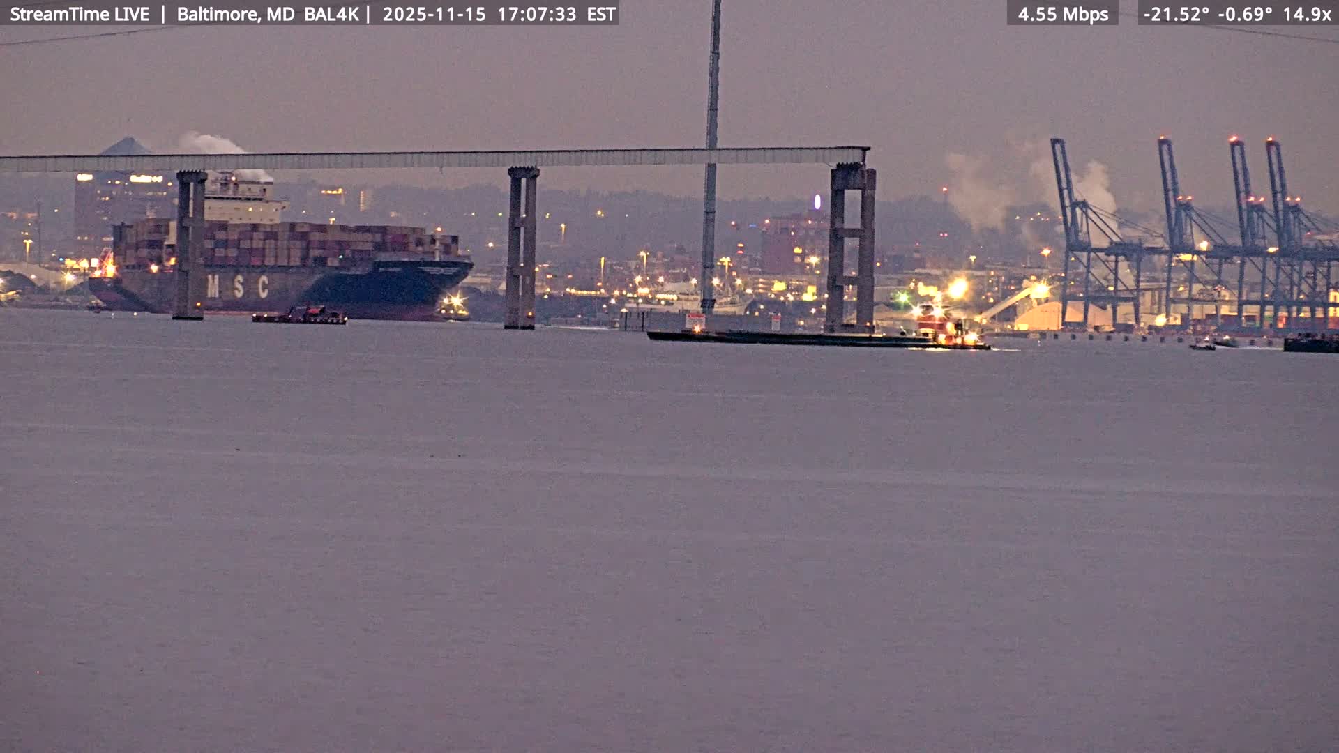 Port of Baltimore, Francis Scott Key Bridge, & Dundalk Marine Terminal & Patapsco River View from Fort Smallwood Park Live Cam - Pasadena, Anne Arundel, Maryland, USA