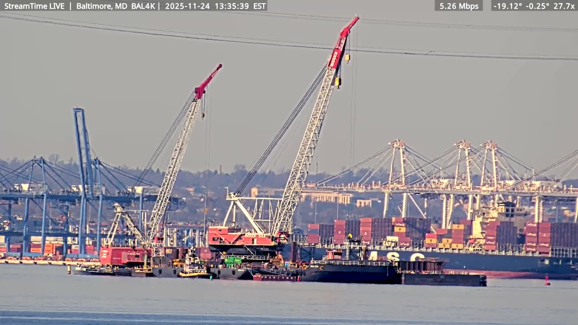 Port of Baltimore, Francis Scott Key Bridge, & Dundalk Marine Terminal & Patapsco River View from Fort Smallwood Park Live Cam - Pasadena, Anne Arundel, Maryland, USA