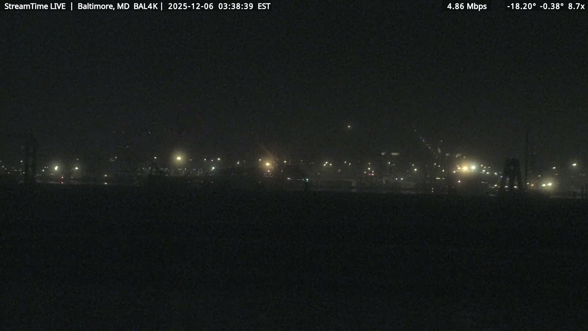 A dark, misty night scene reveals numerous diffused lights from a distant urban or industrial landscape.