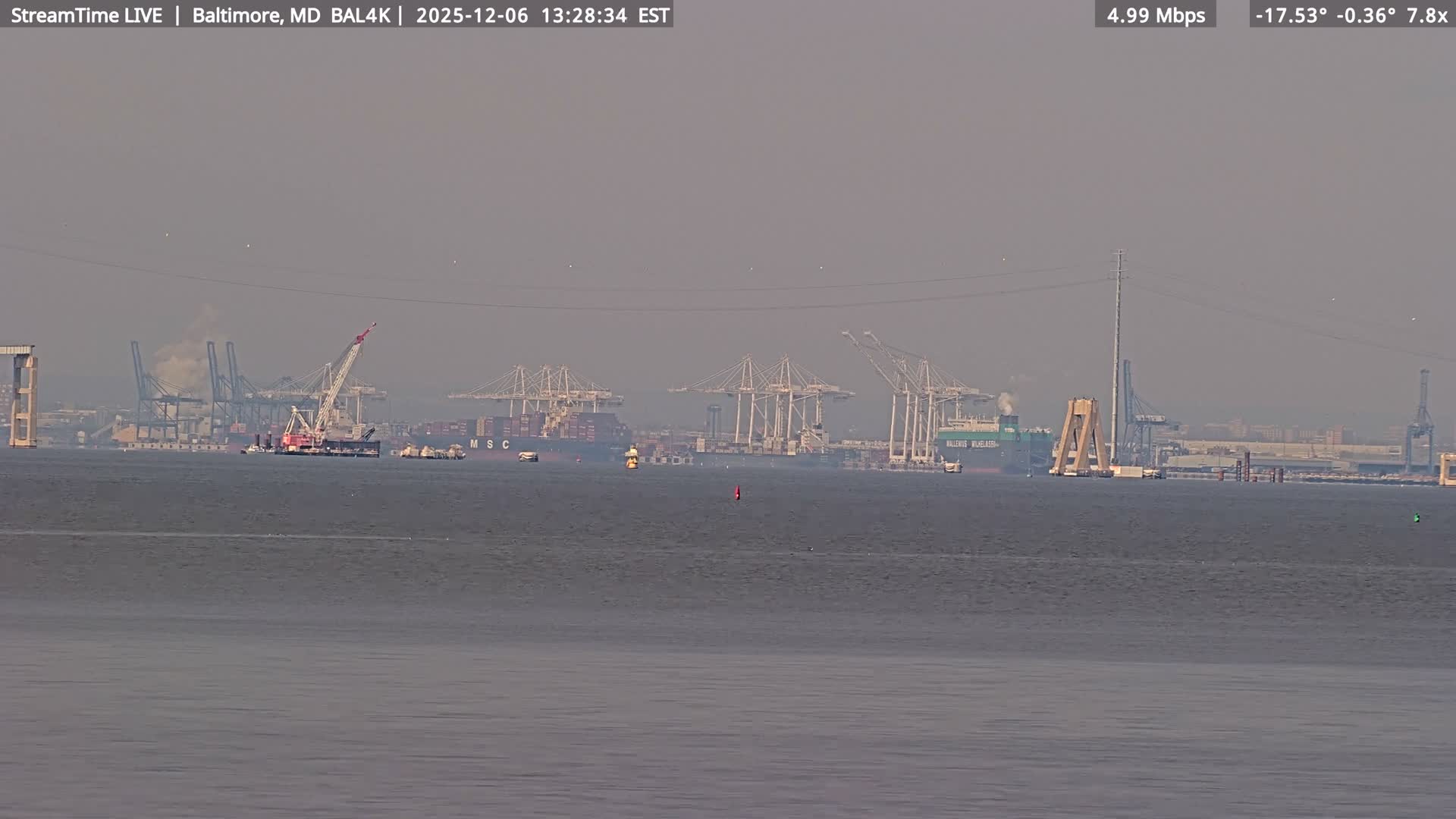 Port of Baltimore, Francis Scott Key Bridge, & Dundalk Marine Terminal & Patapsco River View from Fort Smallwood Park Live Cam - Pasadena, Anne Arundel, Maryland, USA