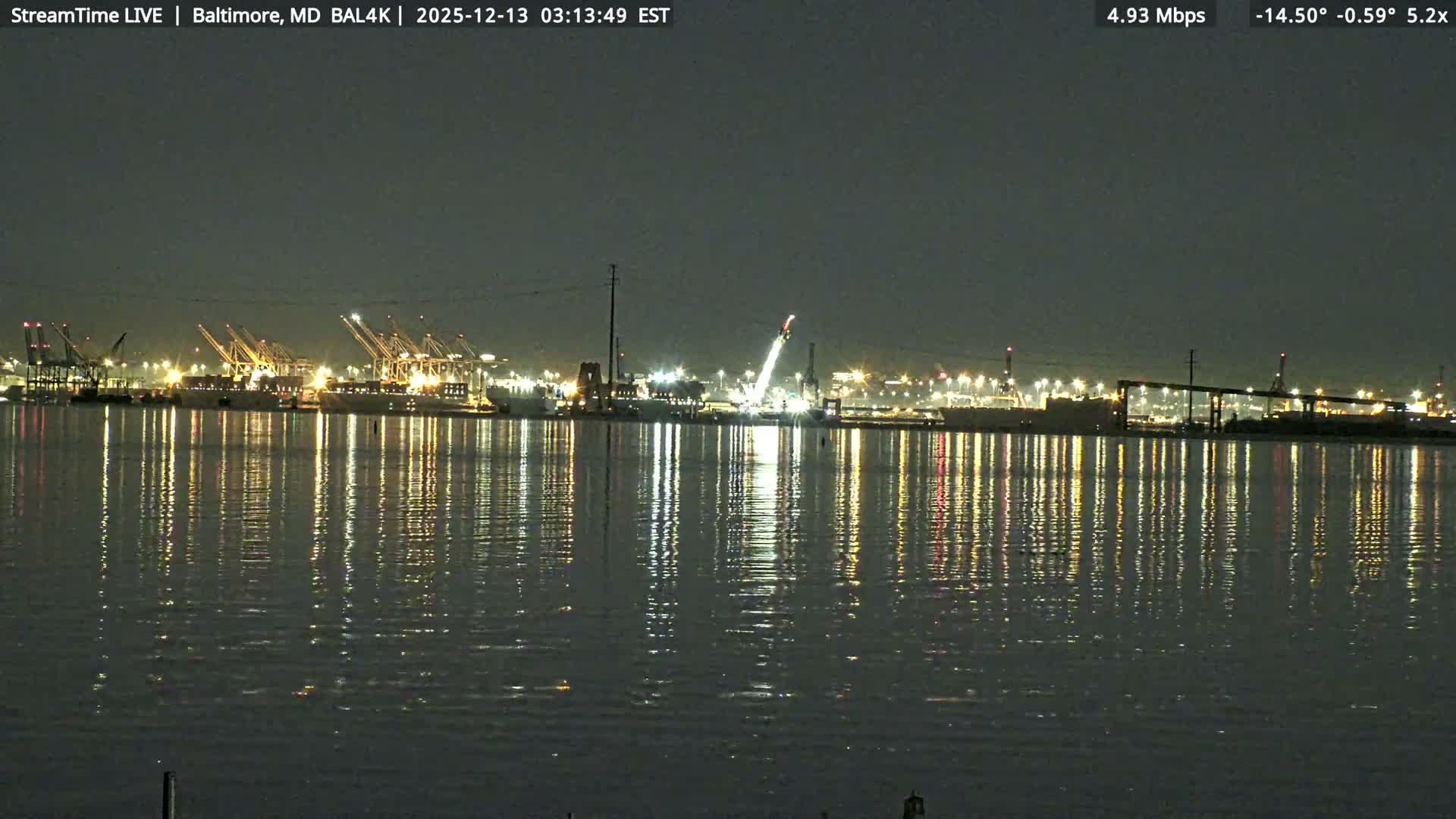 A vast expanse of calm dark water reflects the numerous brightly lit cranes and industrial structures of a busy port under a clear night sky.