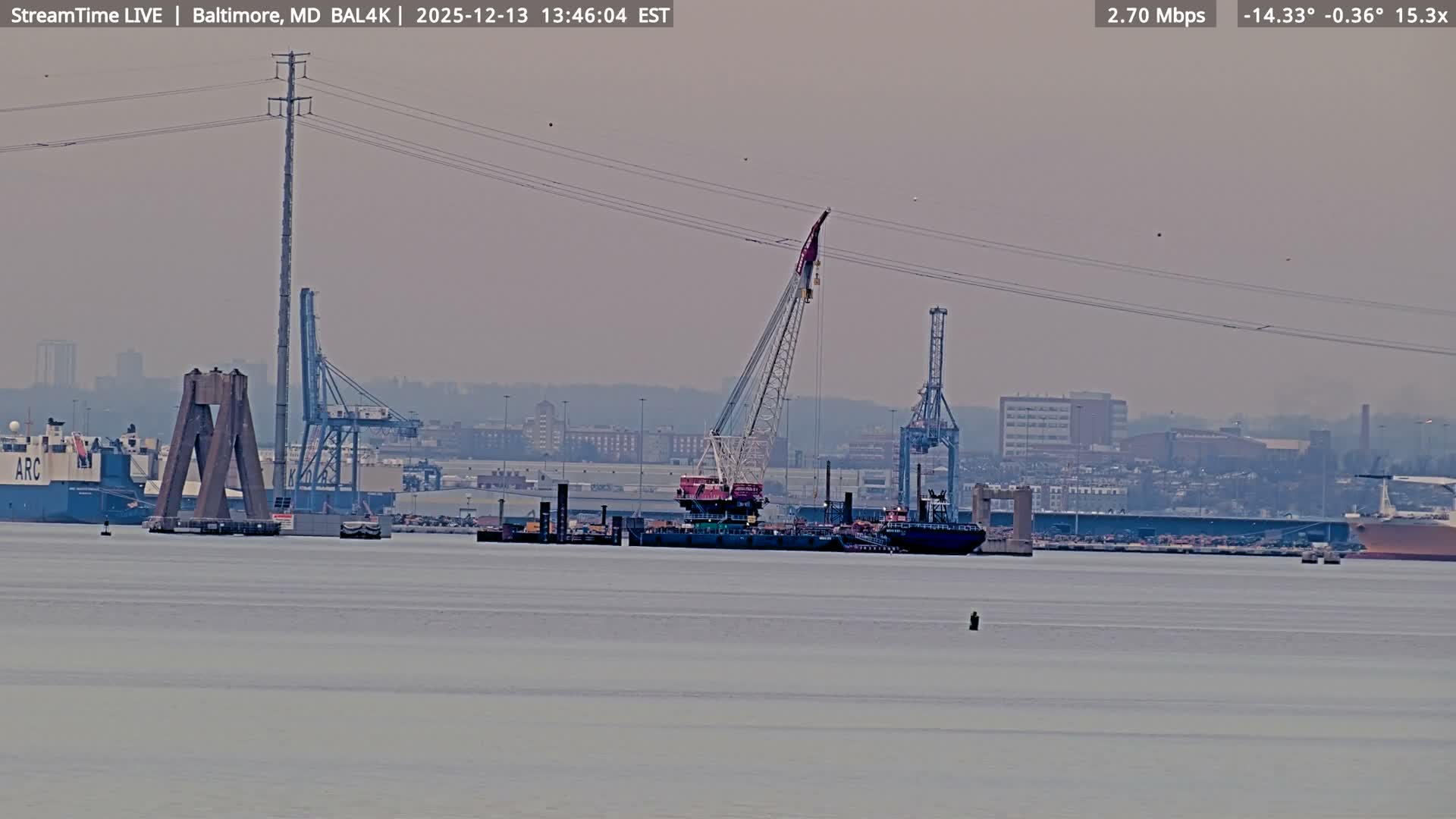 Port of Baltimore, Francis Scott Key Bridge, & Dundalk Marine Terminal & Patapsco River View from Fort Smallwood Park Live Cam - Pasadena, Anne Arundel, Maryland, USA