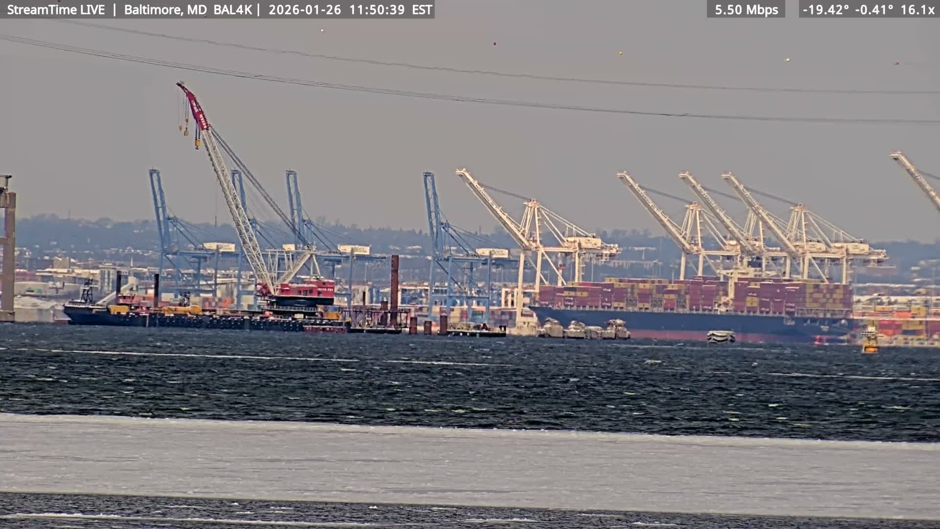 Port of Baltimore, Francis Scott Key Bridge, & Dundalk Marine Terminal & Patapsco River View from Fort Smallwood Park Live Cam - Pasadena, Anne Arundel, Maryland, USA