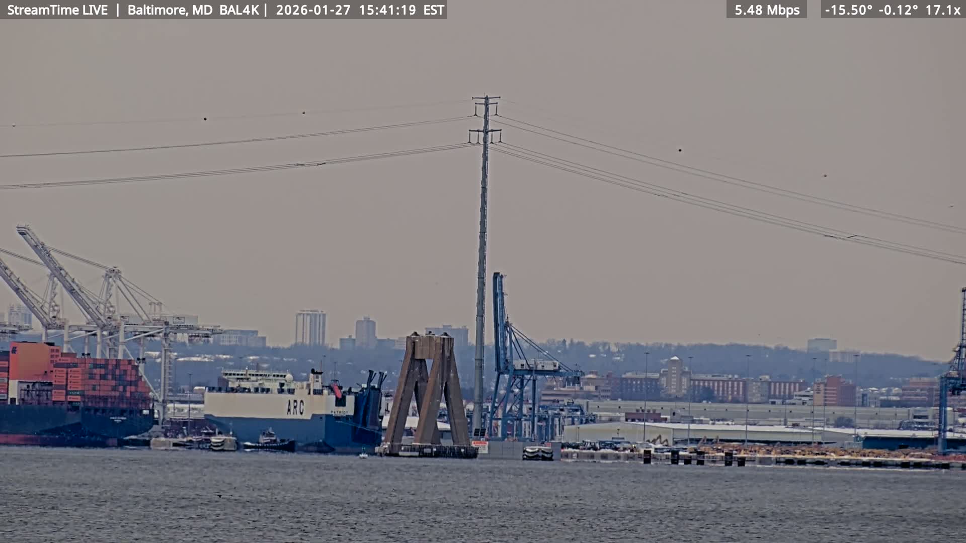 Port of Baltimore, Francis Scott Key Bridge, & Dundalk Marine Terminal & Patapsco River View from Fort Smallwood Park Live Cam - Pasadena, Anne Arundel, Maryland, USA