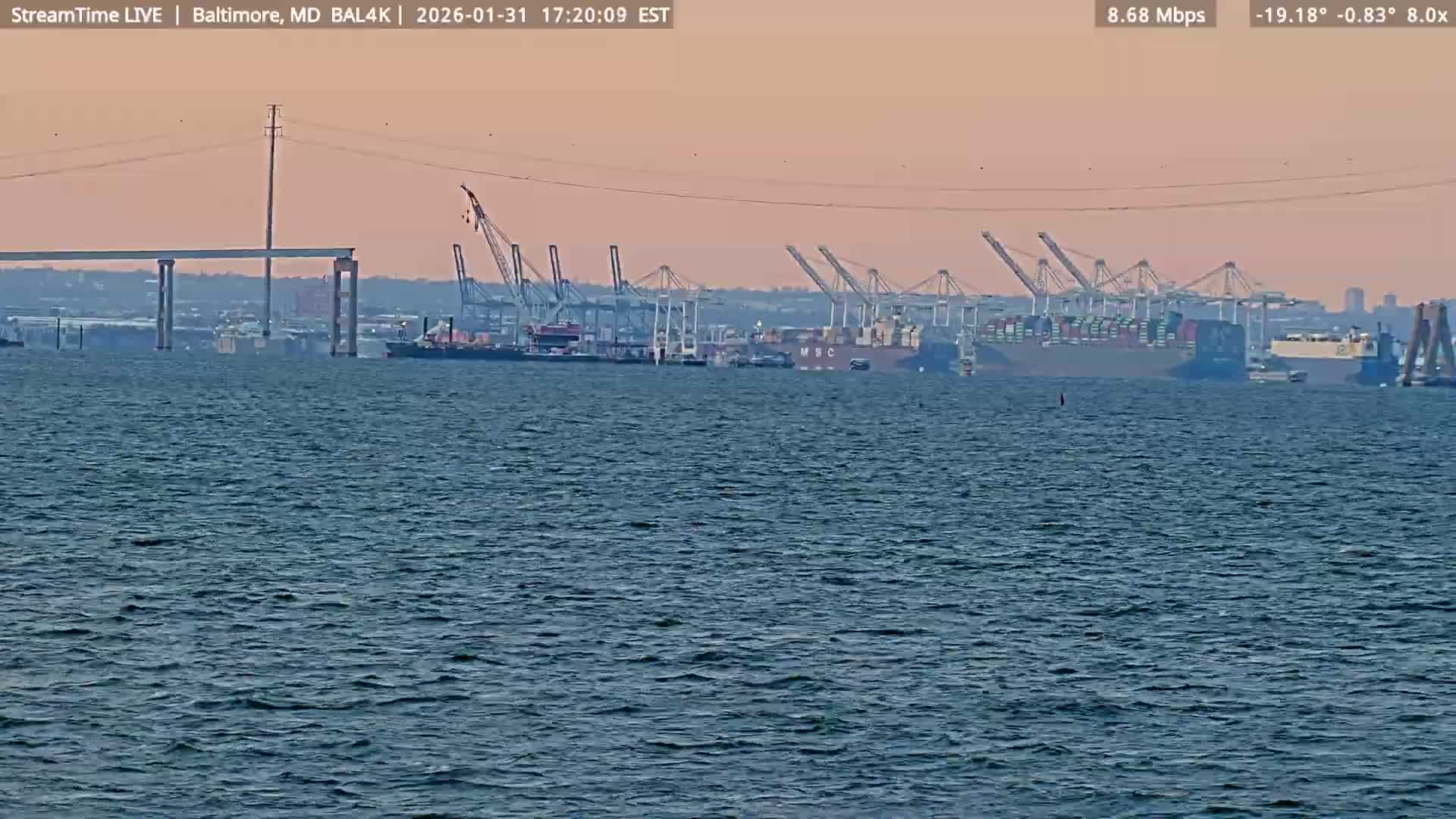 Port of Baltimore, Francis Scott Key Bridge, & Dundalk Marine Terminal & Patapsco River View from Fort Smallwood Park Live Cam - Pasadena, Anne Arundel, Maryland, USA