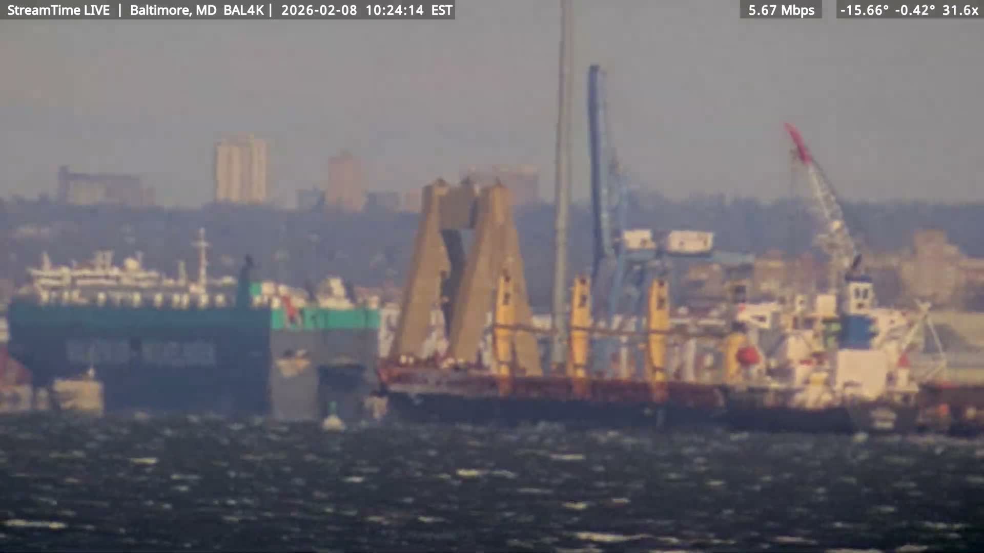 Port of Baltimore, Francis Scott Key Bridge, & Dundalk Marine Terminal & Patapsco River View from Fort Smallwood Park Live Cam - Pasadena, Anne Arundel, Maryland, USA