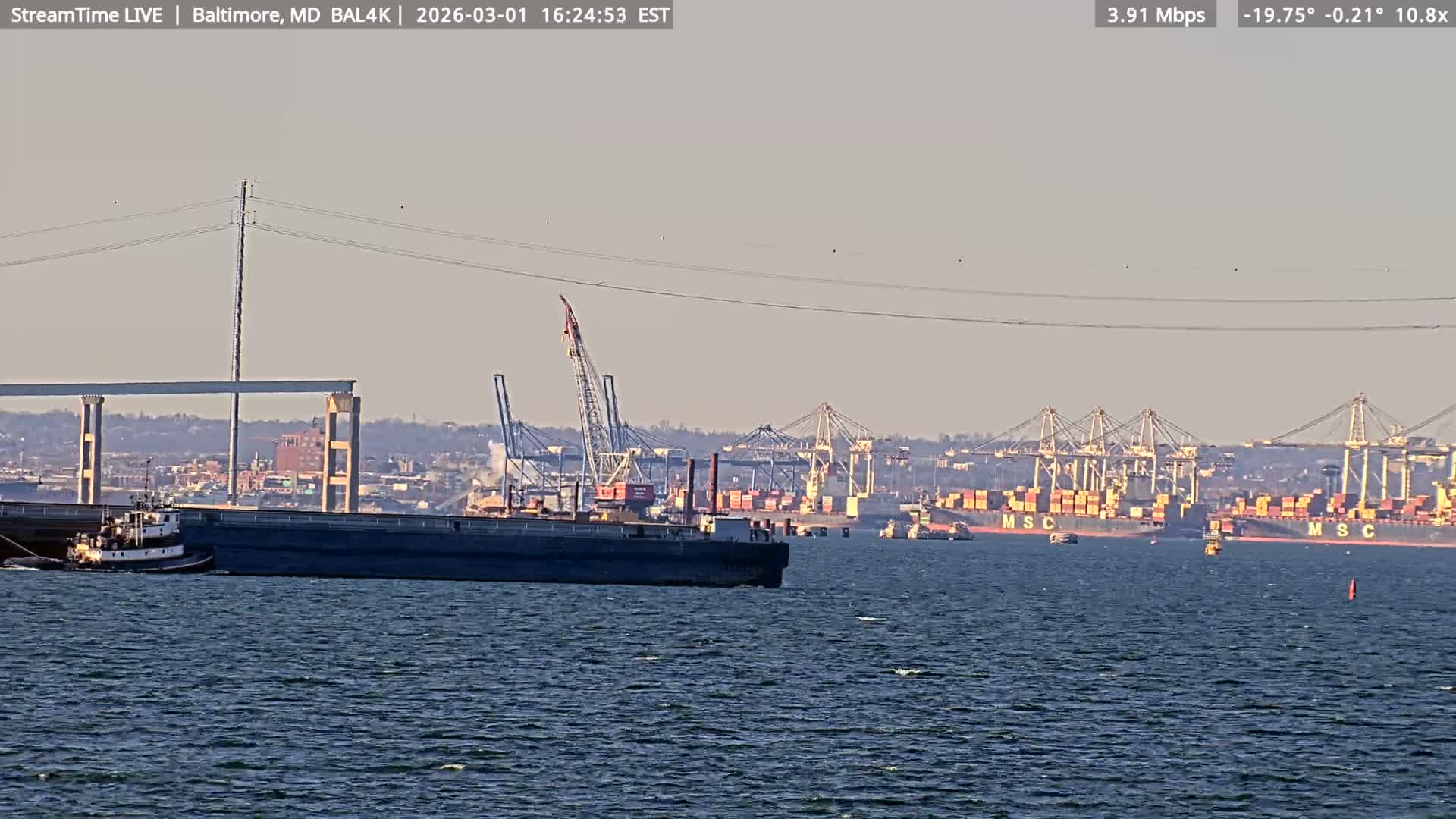 Port of Baltimore, Francis Scott Key Bridge, & Dundalk Marine Terminal & Patapsco River View from Fort Smallwood Park Live Cam - Pasadena, Anne Arundel, Maryland, USA