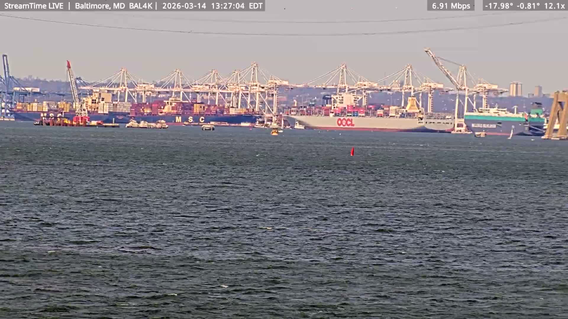 Port of Baltimore, Francis Scott Key Bridge, & Dundalk Marine Terminal & Patapsco River View from Fort Smallwood Park Live Cam - Pasadena, Anne Arundel, Maryland, USA
