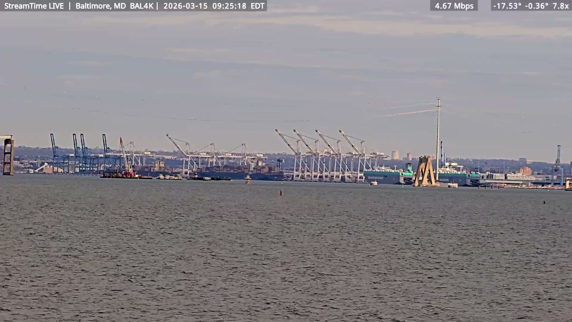 Port of Baltimore, Francis Scott Key Bridge, & Dundalk Marine Terminal & Patapsco River View from Fort Smallwood Park Live Cam - Pasadena, Anne Arundel, Maryland, USA