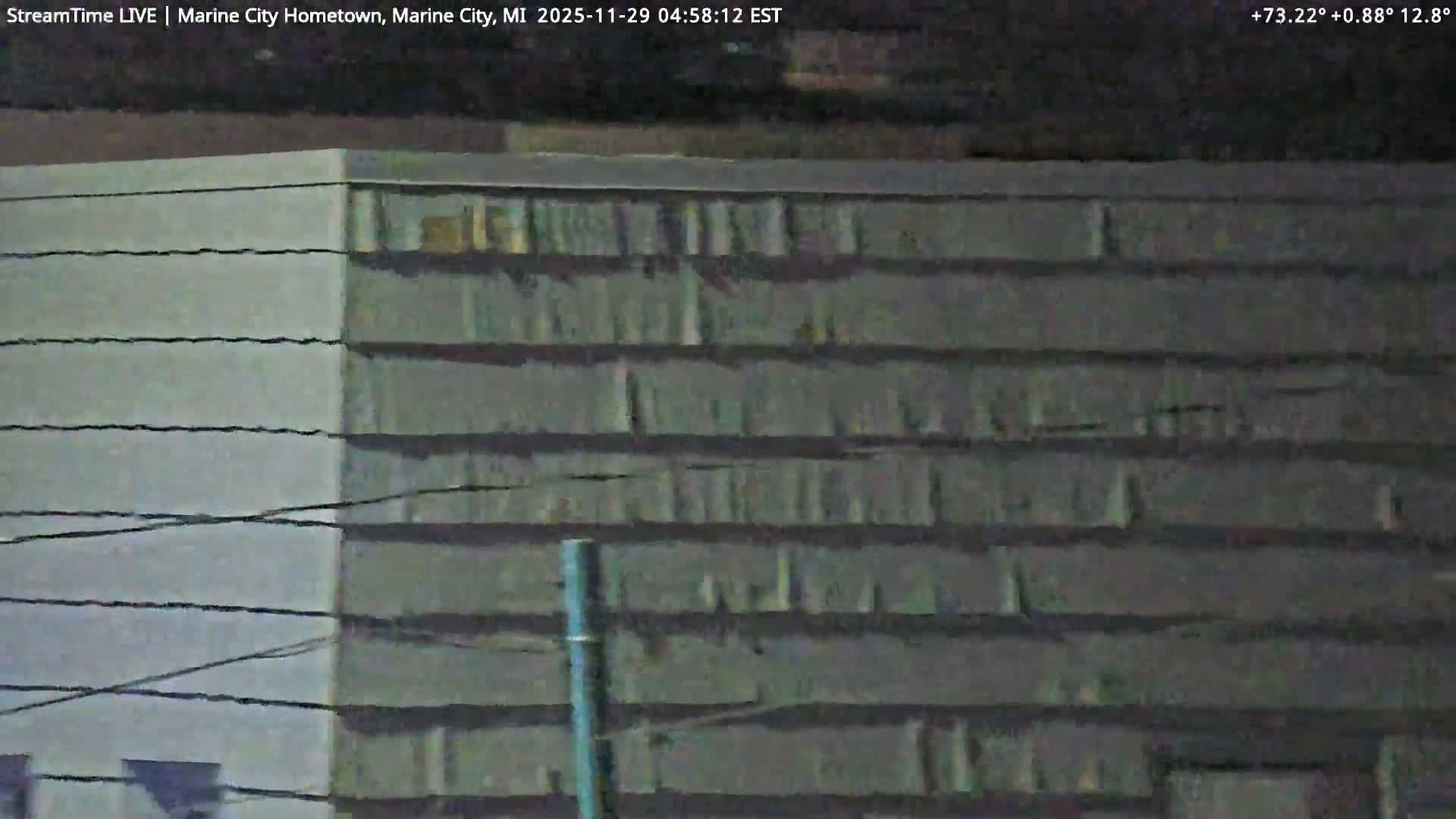 A blurry, dim nighttime image displays the upper section of a building with horizontal siding or shingles, partially obscured by utility wires and a vertical pole, under clear weather conditions.