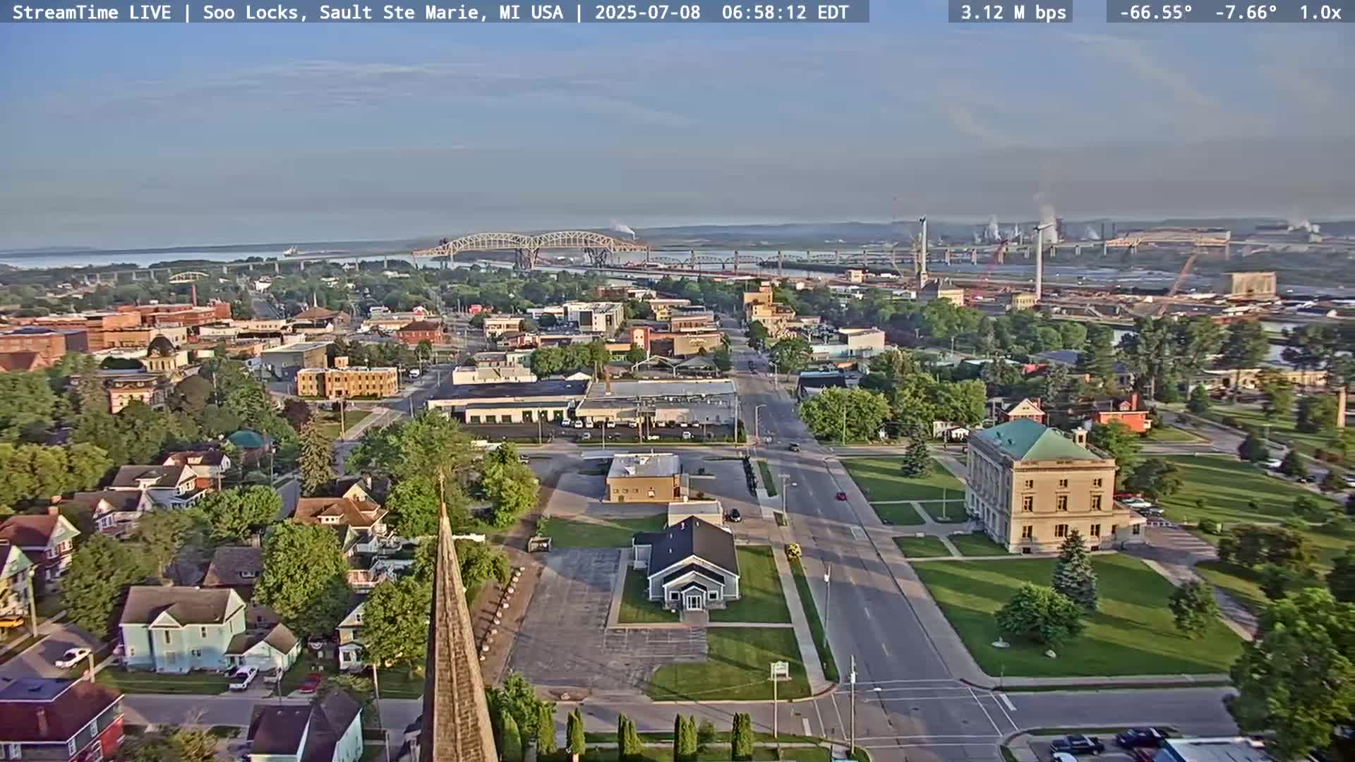 USA - Canada Border, Sault Ste. Marie USA / Sault Ste. Marie Canada Cities & St. Marys River Panoramic Live Cam - Sault Ste. Marie, Chippewa, Michigan, USA