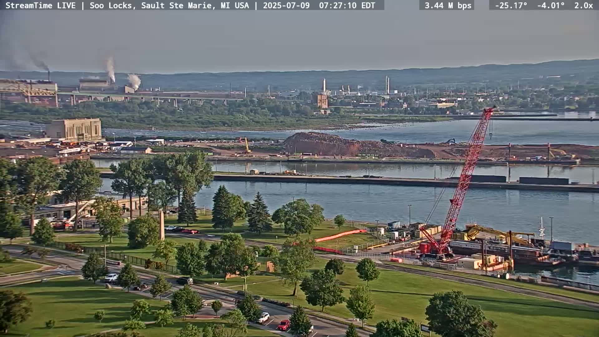 USA - Canada Border, Sault Ste. Marie USA / Sault Ste. Marie Canada Cities & St. Marys River Panoramic Live Cam - Sault Ste. Marie, Chippewa, Michigan, USA