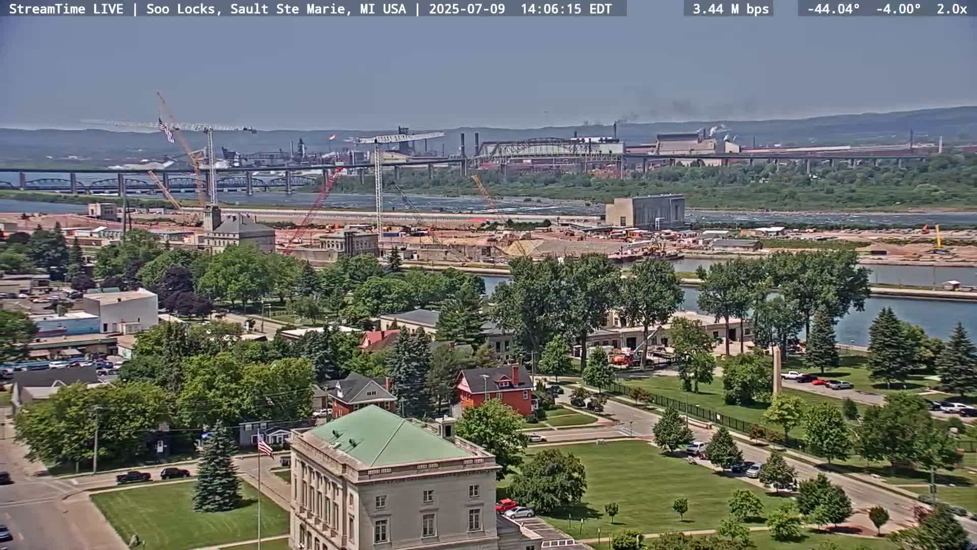USA - Canada Border, Sault Ste. Marie USA / Sault Ste. Marie Canada Cities & St. Marys River Panoramic Live Cam - Sault Ste. Marie, Chippewa, Michigan, USA