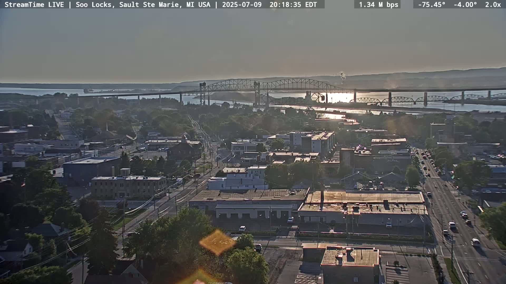 USA - Canada Border, Sault Ste. Marie USA / Sault Ste. Marie Canada Cities & St. Marys River Panoramic Live Cam - Sault Ste. Marie, Chippewa, Michigan, USA