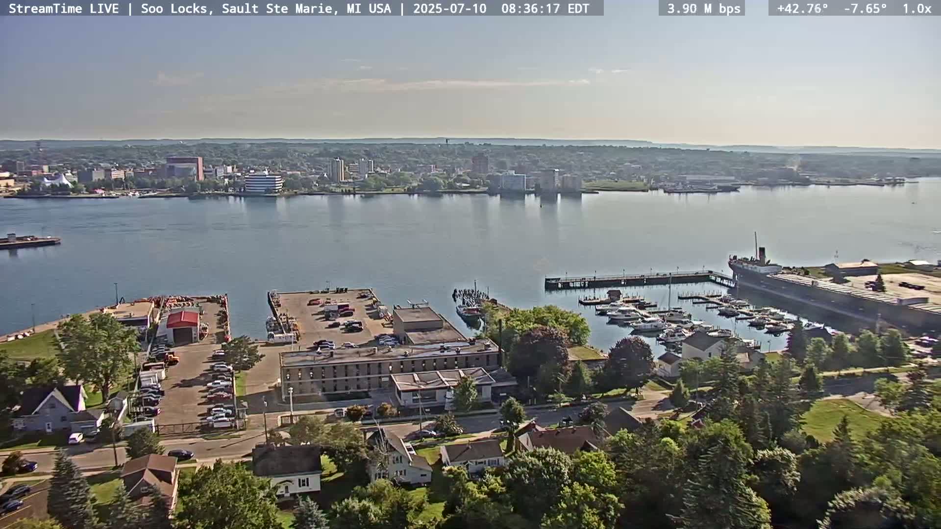 USA - Canada Border, Sault Ste. Marie USA / Sault Ste. Marie Canada Cities & St. Marys River Panoramic Live Cam - Sault Ste. Marie, Chippewa, Michigan, USA