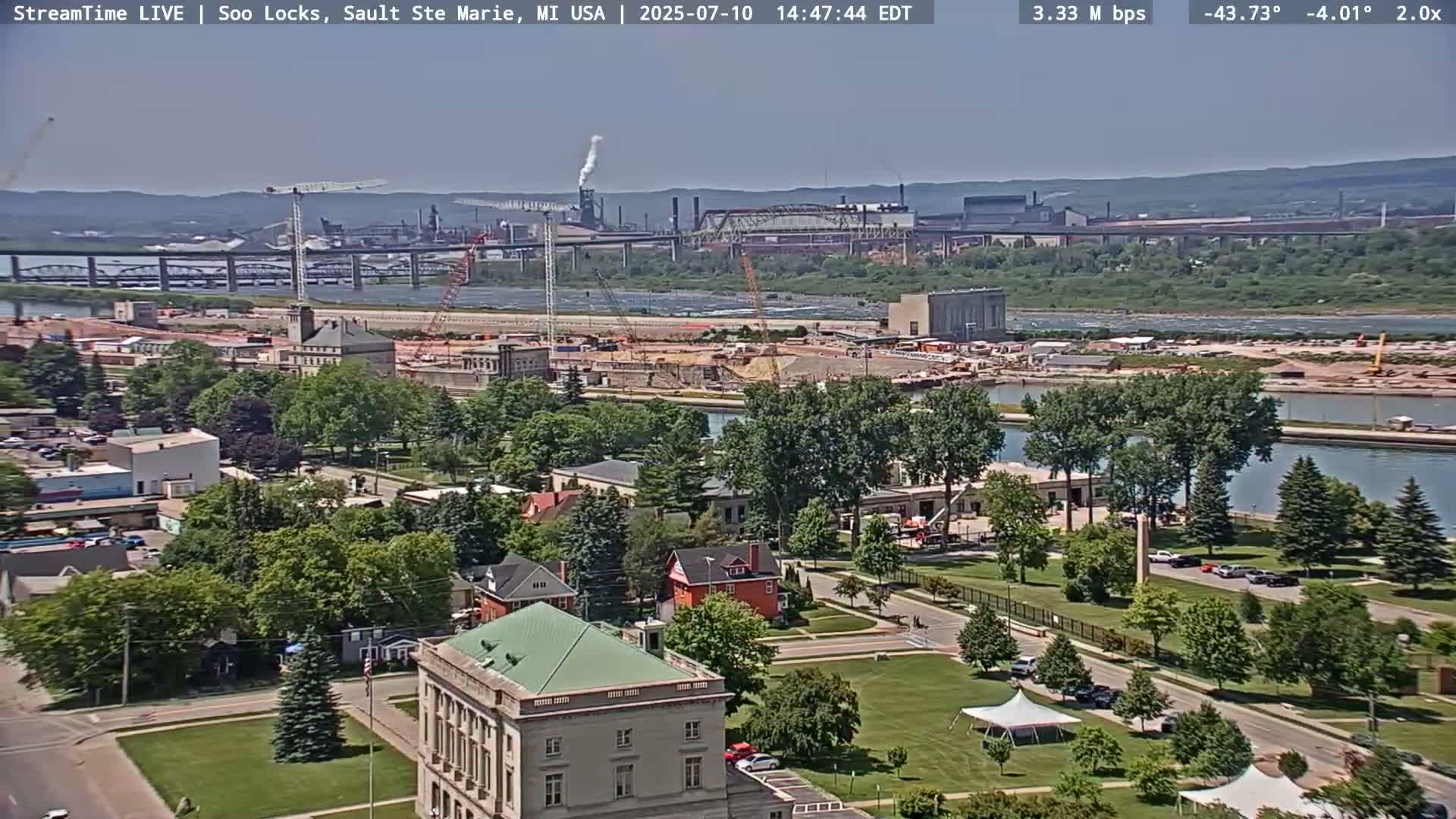 USA - Canada Border, Sault Ste. Marie USA / Sault Ste. Marie Canada Cities & St. Marys River Panoramic Live Cam - Sault Ste. Marie, Chippewa, Michigan, USA