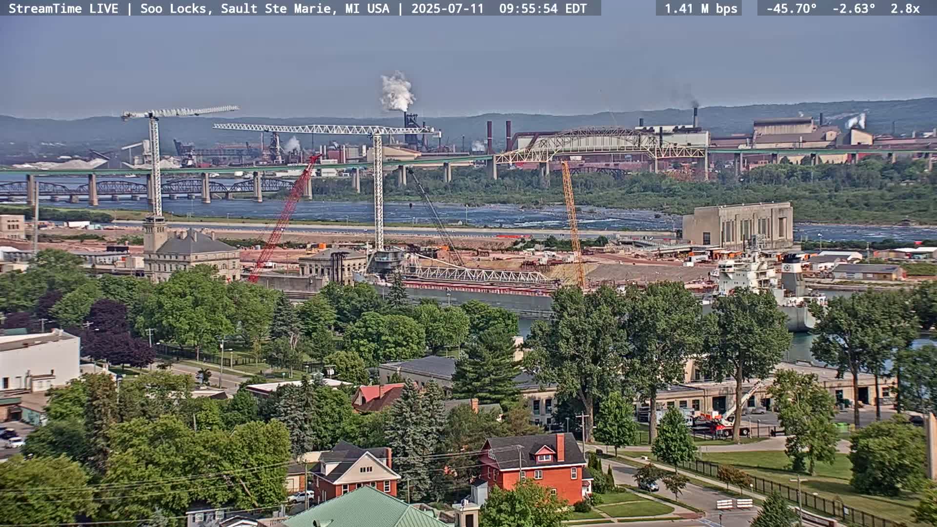 USA - Canada Border, Sault Ste. Marie USA / Sault Ste. Marie Canada Cities & St. Marys River Panoramic Live Cam - Sault Ste. Marie, Chippewa, Michigan, USA