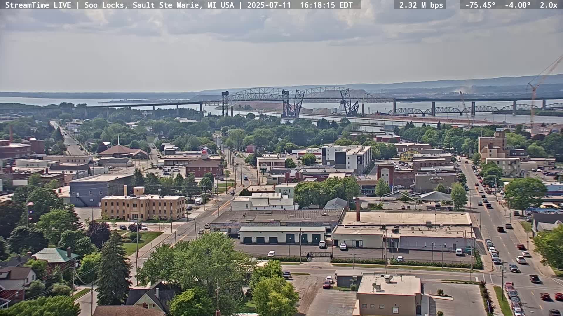 USA - Canada Border, Sault Ste. Marie USA / Sault Ste. Marie Canada Cities & St. Marys River Panoramic Live Cam - Sault Ste. Marie, Chippewa, Michigan, USA