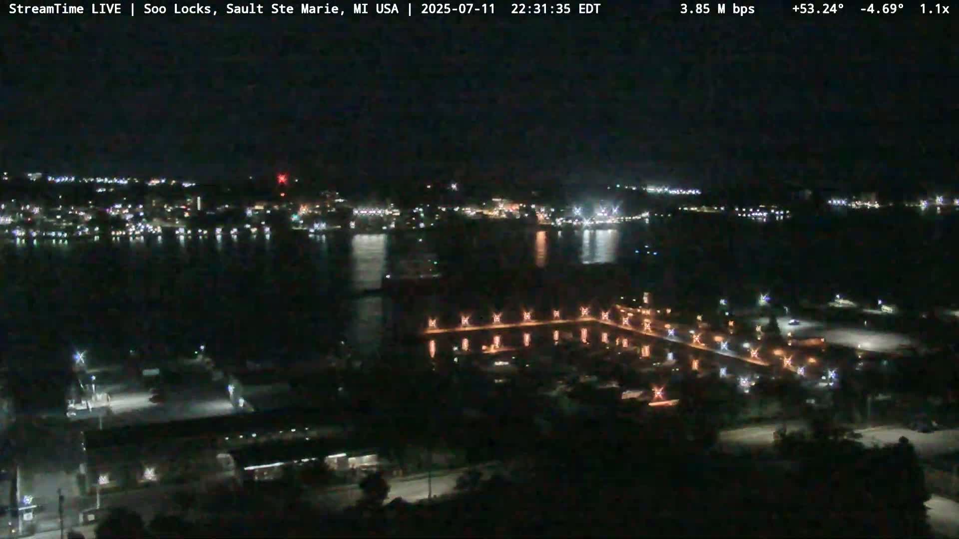USA - Canada Border, Sault Ste. Marie USA / Sault Ste. Marie Canada Cities & St. Marys River Panoramic Live Cam - Sault Ste. Marie, Chippewa, Michigan, USA