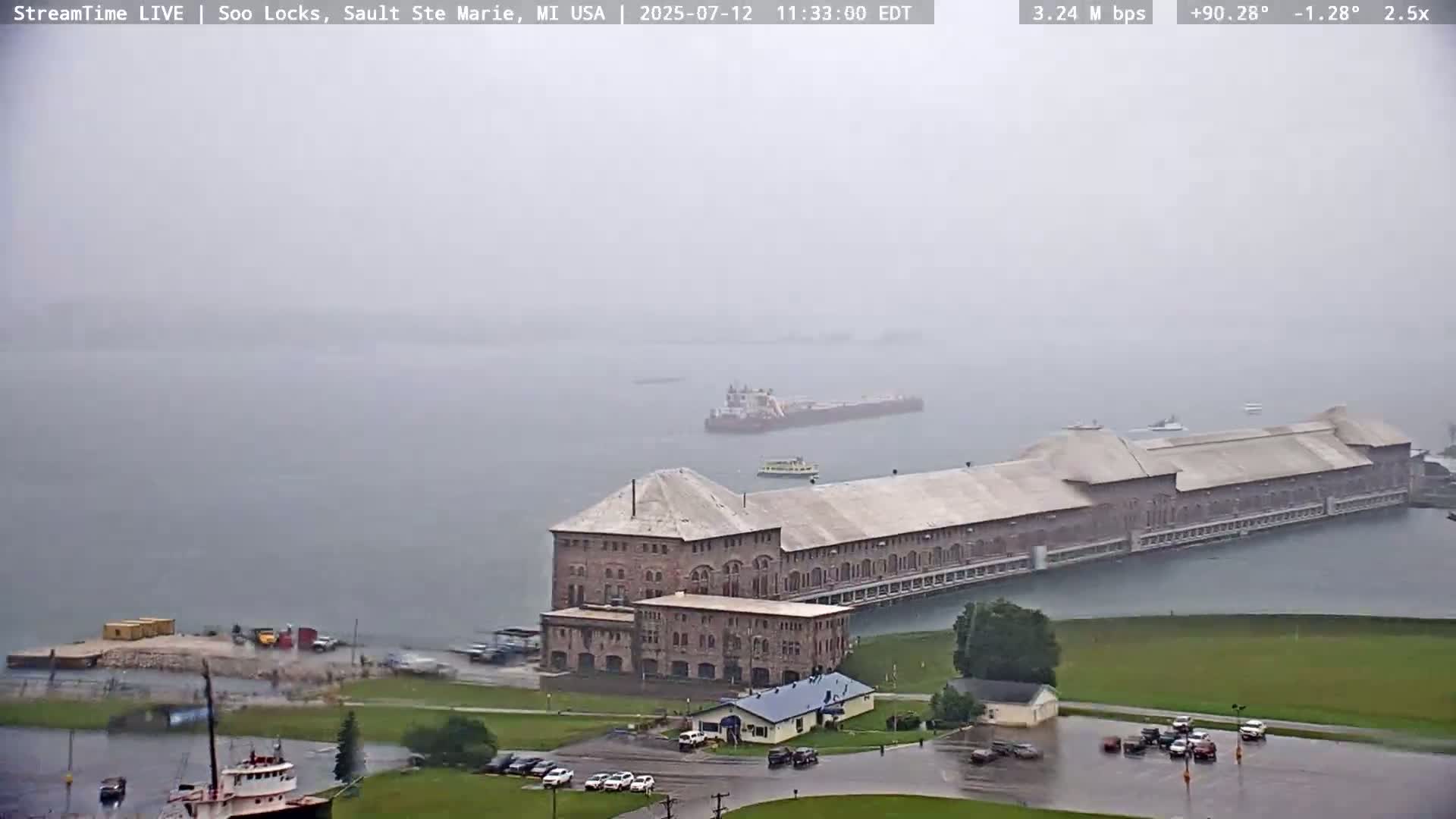 USA - Canada Border, Sault Ste. Marie USA / Sault Ste. Marie Canada Cities & St. Marys River Panoramic Live Cam - Sault Ste. Marie, Chippewa, Michigan, USA