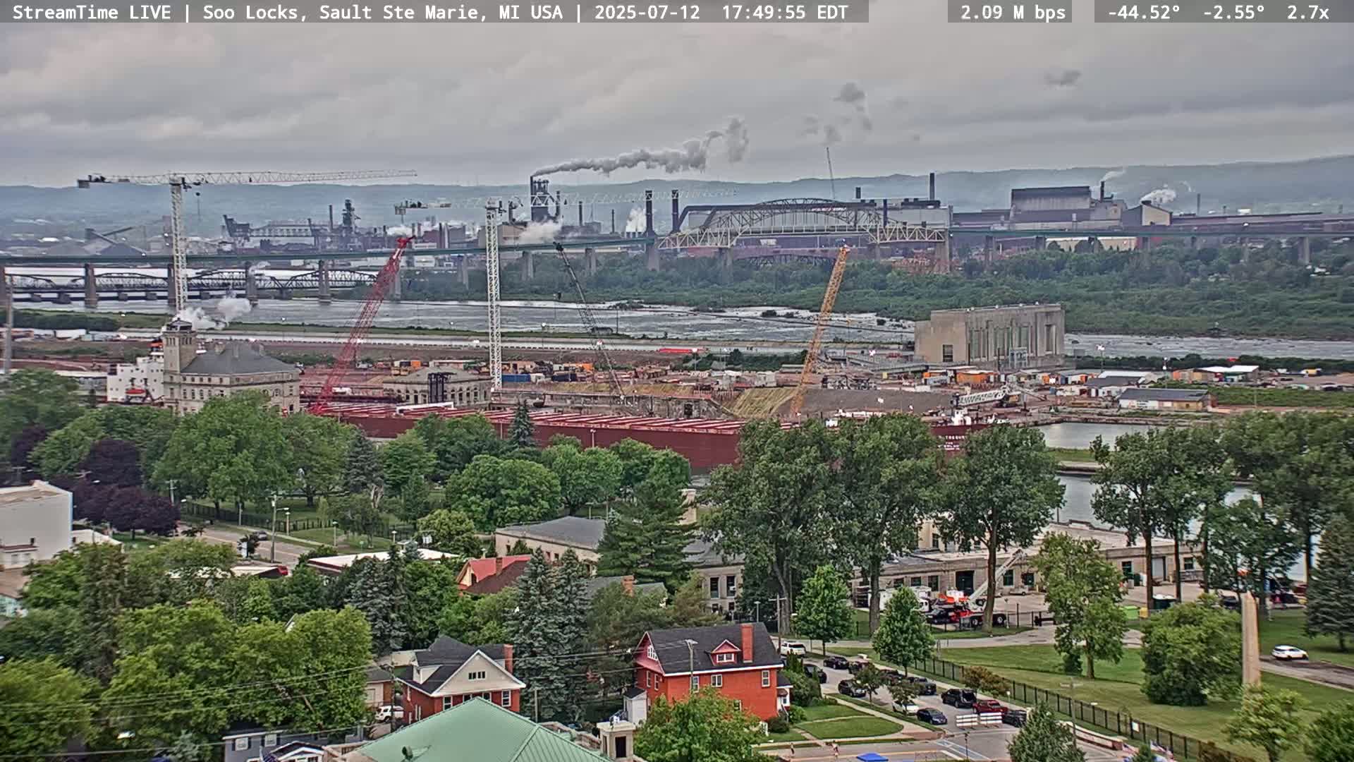 USA - Canada Border, Sault Ste. Marie USA / Sault Ste. Marie Canada Cities & St. Marys River Panoramic Live Cam - Sault Ste. Marie, Chippewa, Michigan, USA