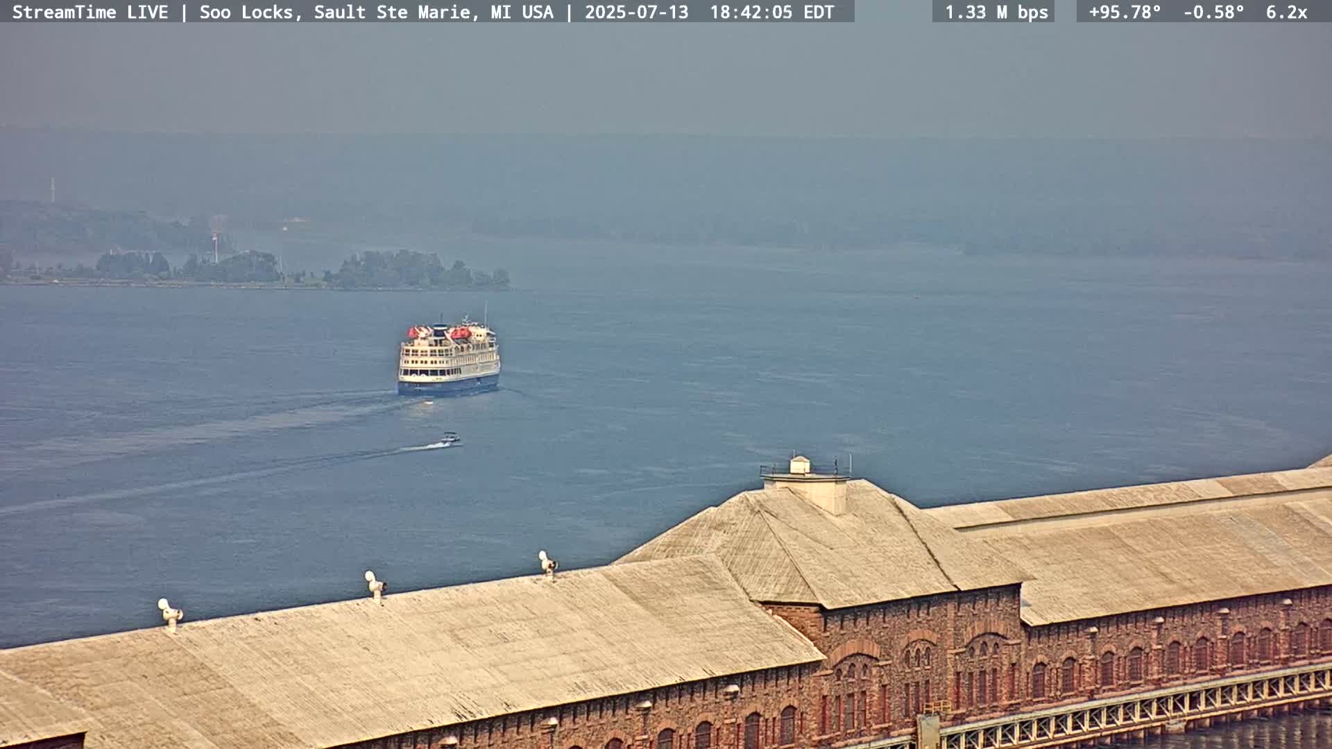 USA - Canada Border, Sault Ste. Marie USA / Sault Ste. Marie Canada Cities & St. Marys River Panoramic Live Cam - Sault Ste. Marie, Chippewa, Michigan, USA