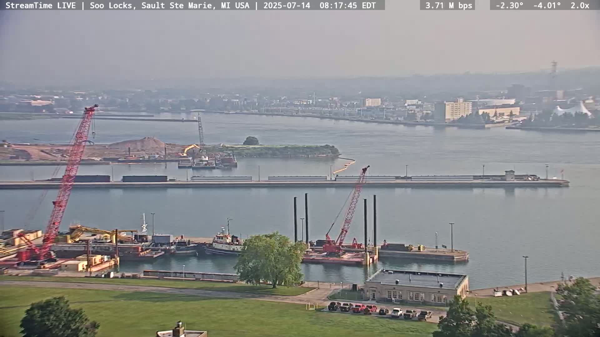 USA - Canada Border, Sault Ste. Marie USA / Sault Ste. Marie Canada Cities & St. Marys River Panoramic Live Cam - Sault Ste. Marie, Chippewa, Michigan, USA