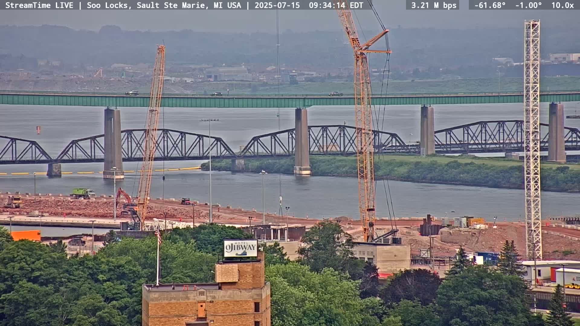 USA - Canada Border, Sault Ste. Marie USA / Sault Ste. Marie Canada Cities & St. Marys River Panoramic Live Cam - Sault Ste. Marie, Chippewa, Michigan, USA