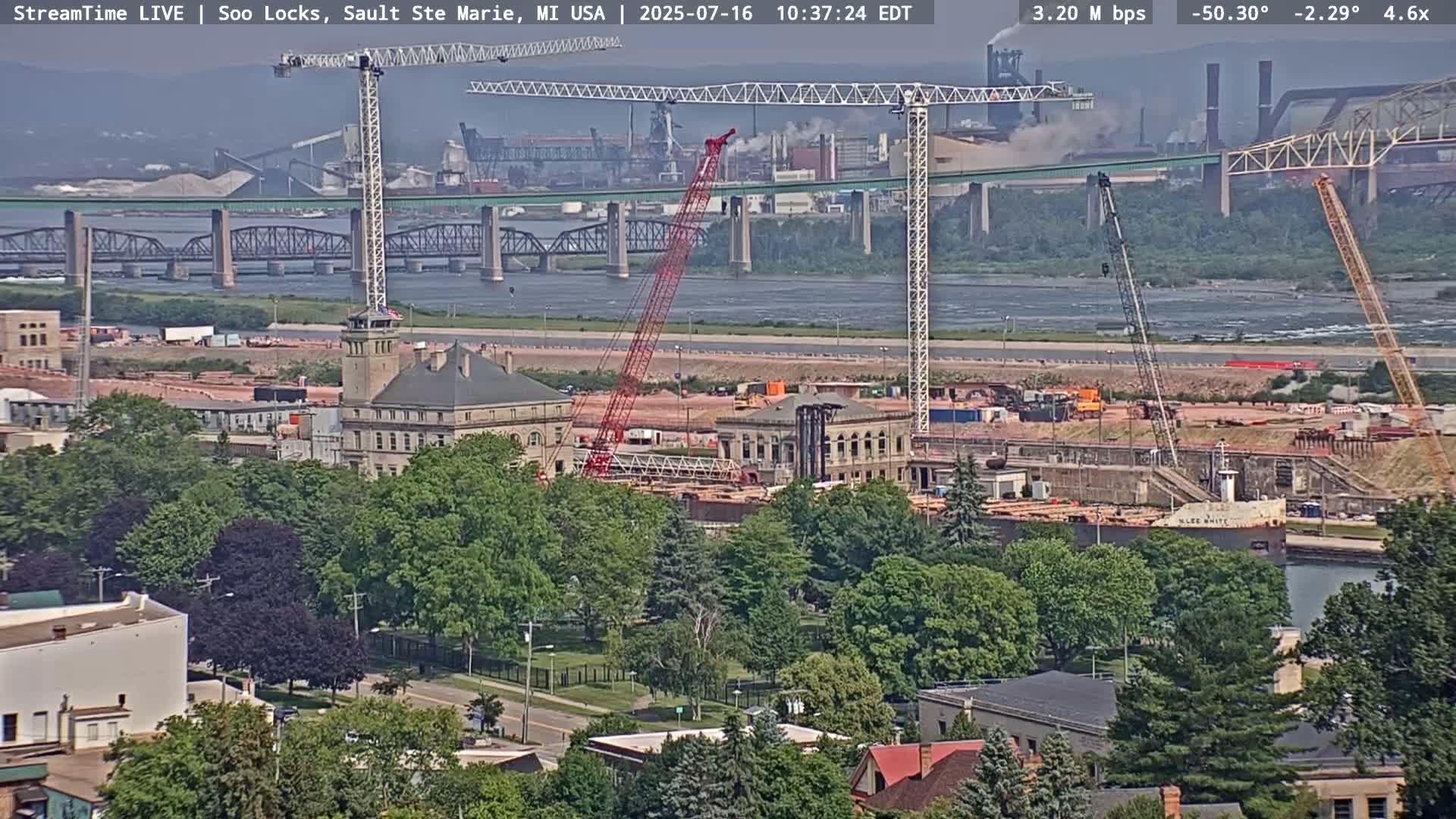 USA - Canada Border, Sault Ste. Marie USA / Sault Ste. Marie Canada Cities & St. Marys River Panoramic Live Cam - Sault Ste. Marie, Chippewa, Michigan, USA